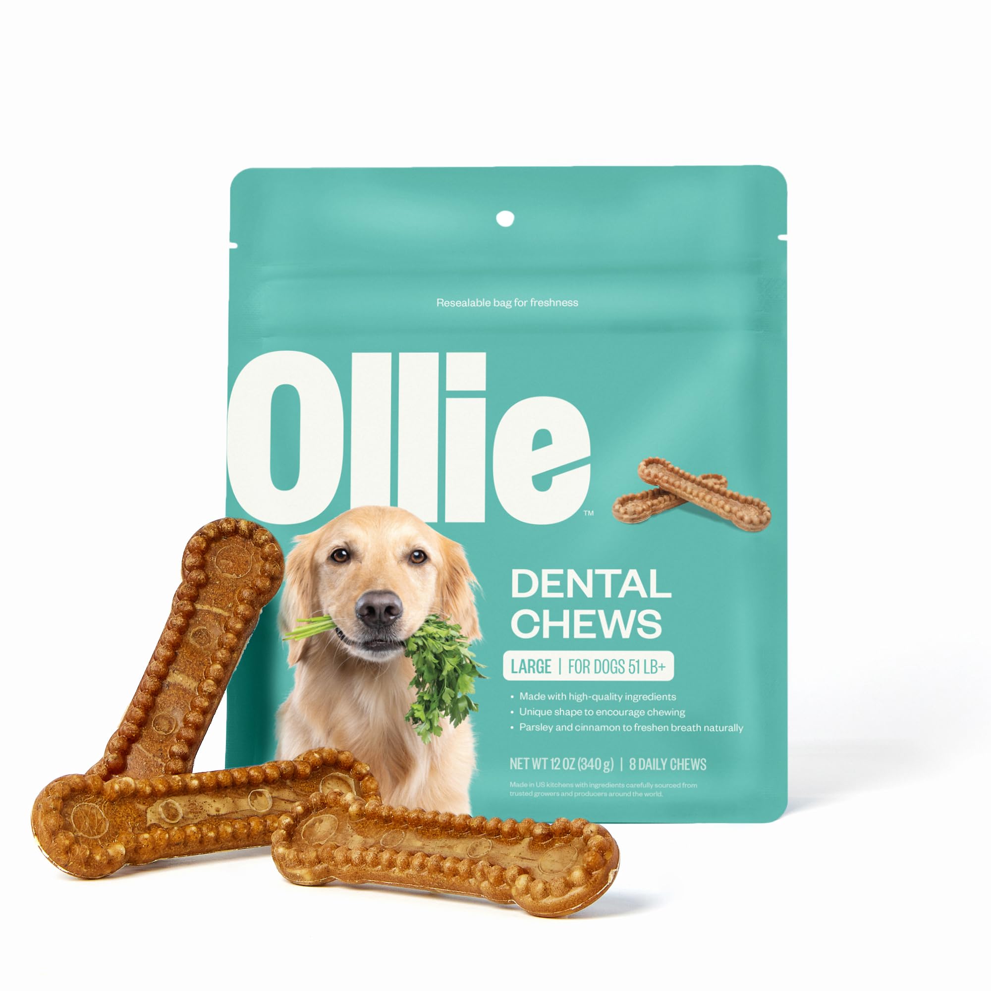Ollie Dental Chews for Large Dogs, 12 Oz, Fresh Breath, Teeth Cleaning Treats, Sticks for Dog Oral Care, with Parsley and Cinnim