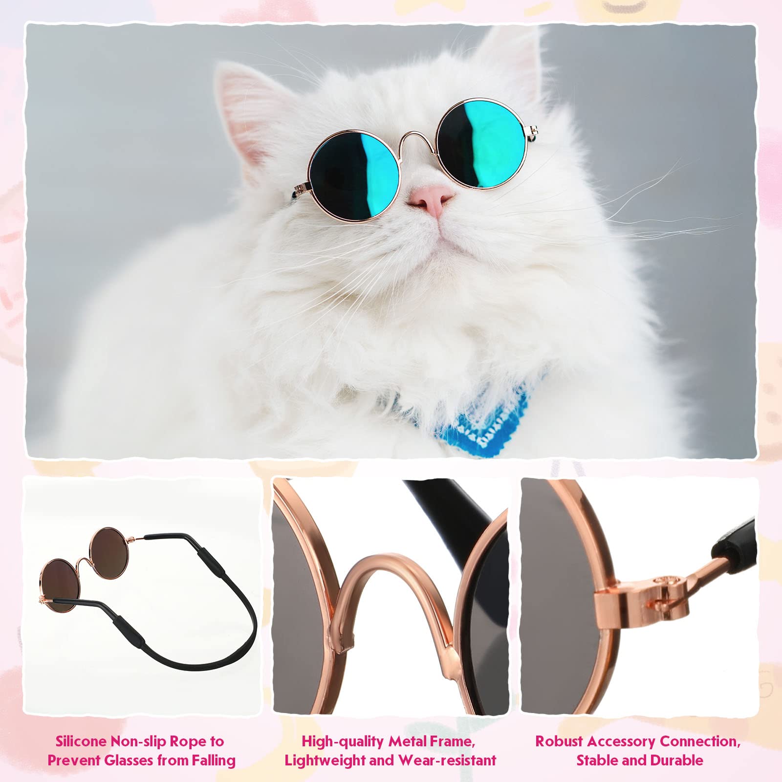 Weewooday 8 Pcs Pet Dog Cat Costume Cat Tie Collar Glasses for Small Dog Round Metal Retro Sunglasses Tie Pet Costume Tuxedo Nec