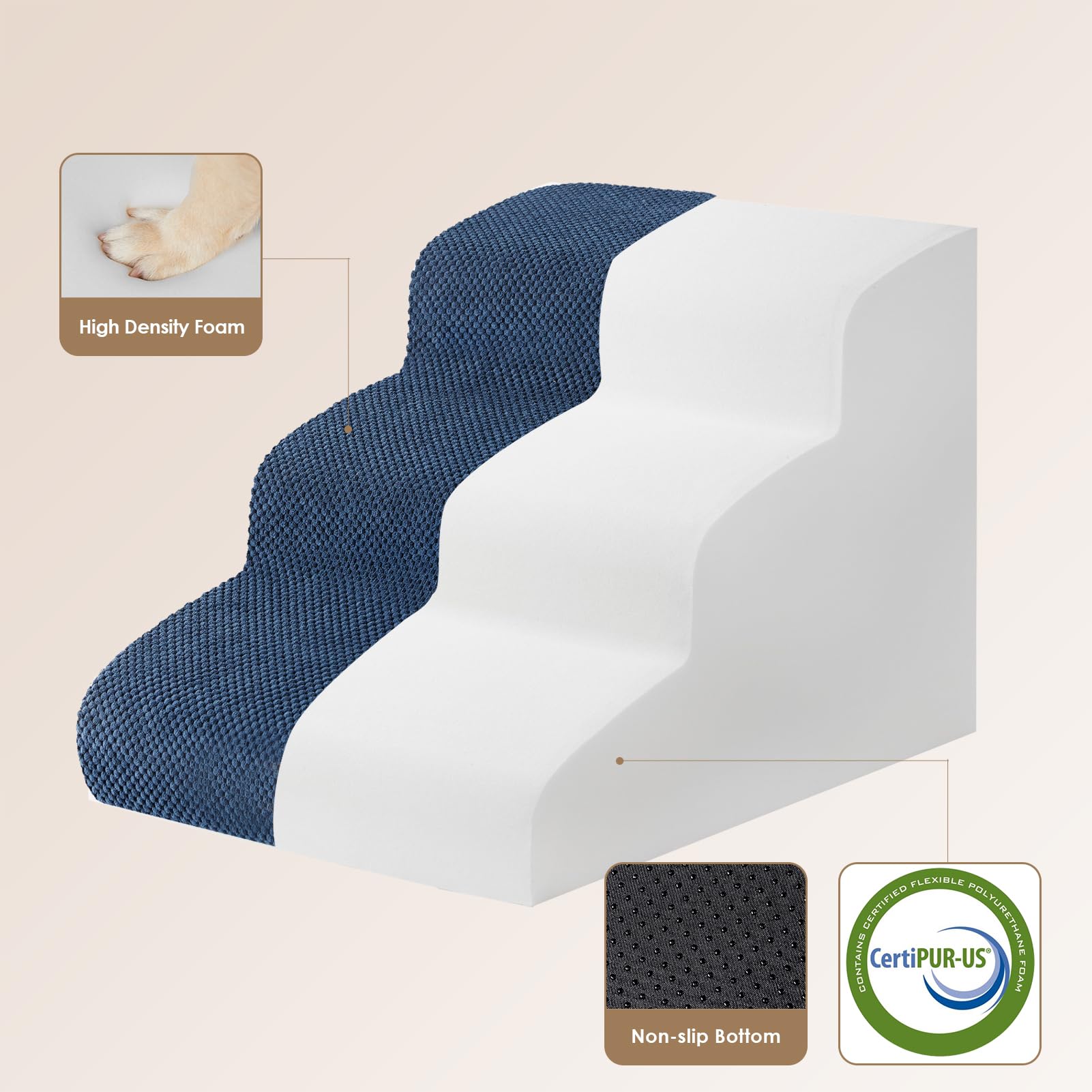 Eheyciga Curved Dog Stairs Ramp For Small Dogs 15.7' H, 3-Step Dog Steps For Couch Sofa And Chair, Pet Stairs For Cats, Non-Slip Balanced Pet Steps Indoor, Navy