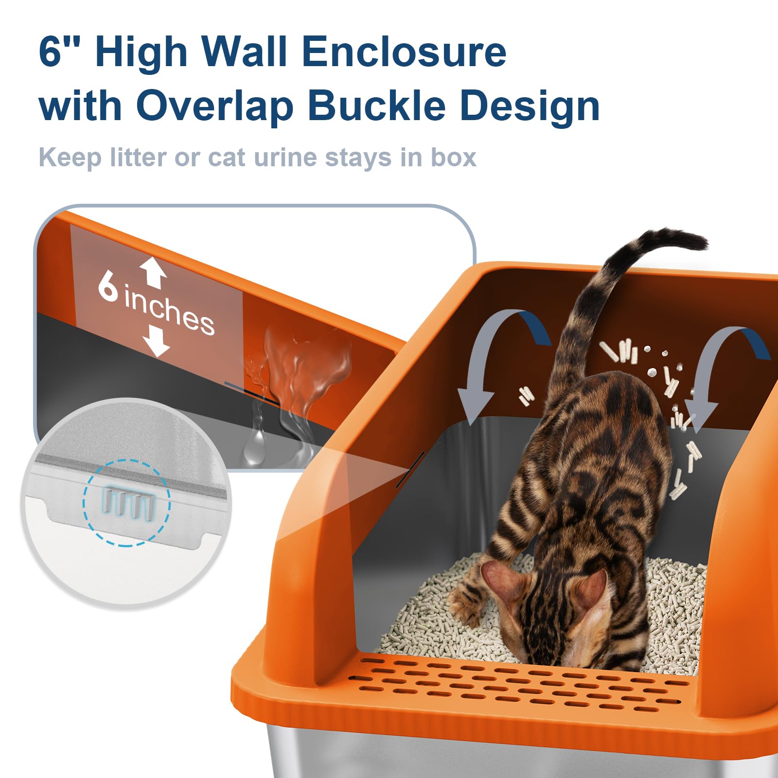 Enclosed Stainless Steel Litter Box With Lid Extra Large Litter Box For Big Cats Xl Metal Litter Box, Litter Pan Tray With High Sides Enclosure, Anti-Leakage, Easy Cleaning (Orange)