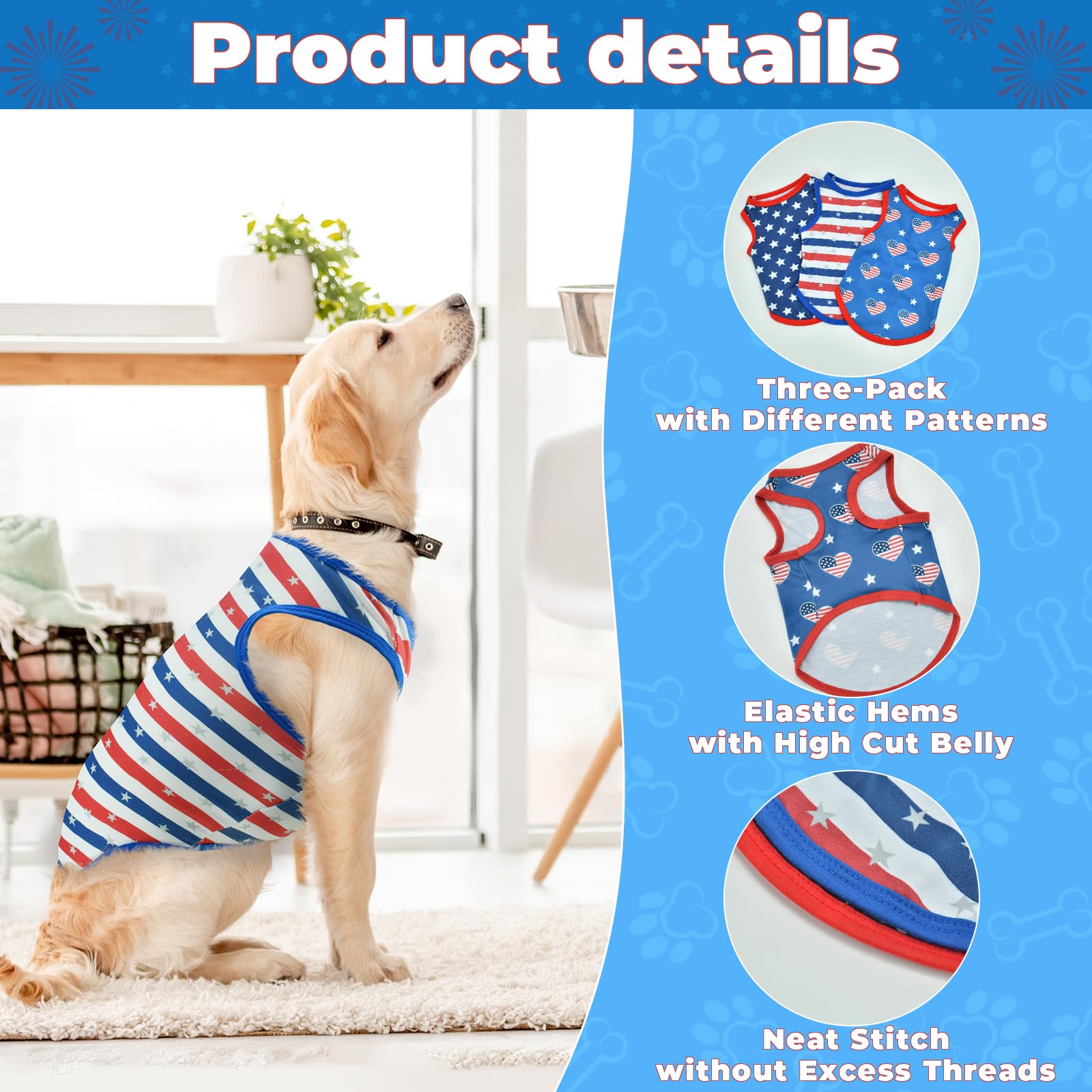 Vehomy 3Pack 4Th Of July Dog Vest American Flag Puppy Sleeveless Shirts Stars & Stripes Pattern Puppy Tank Top Independence Day