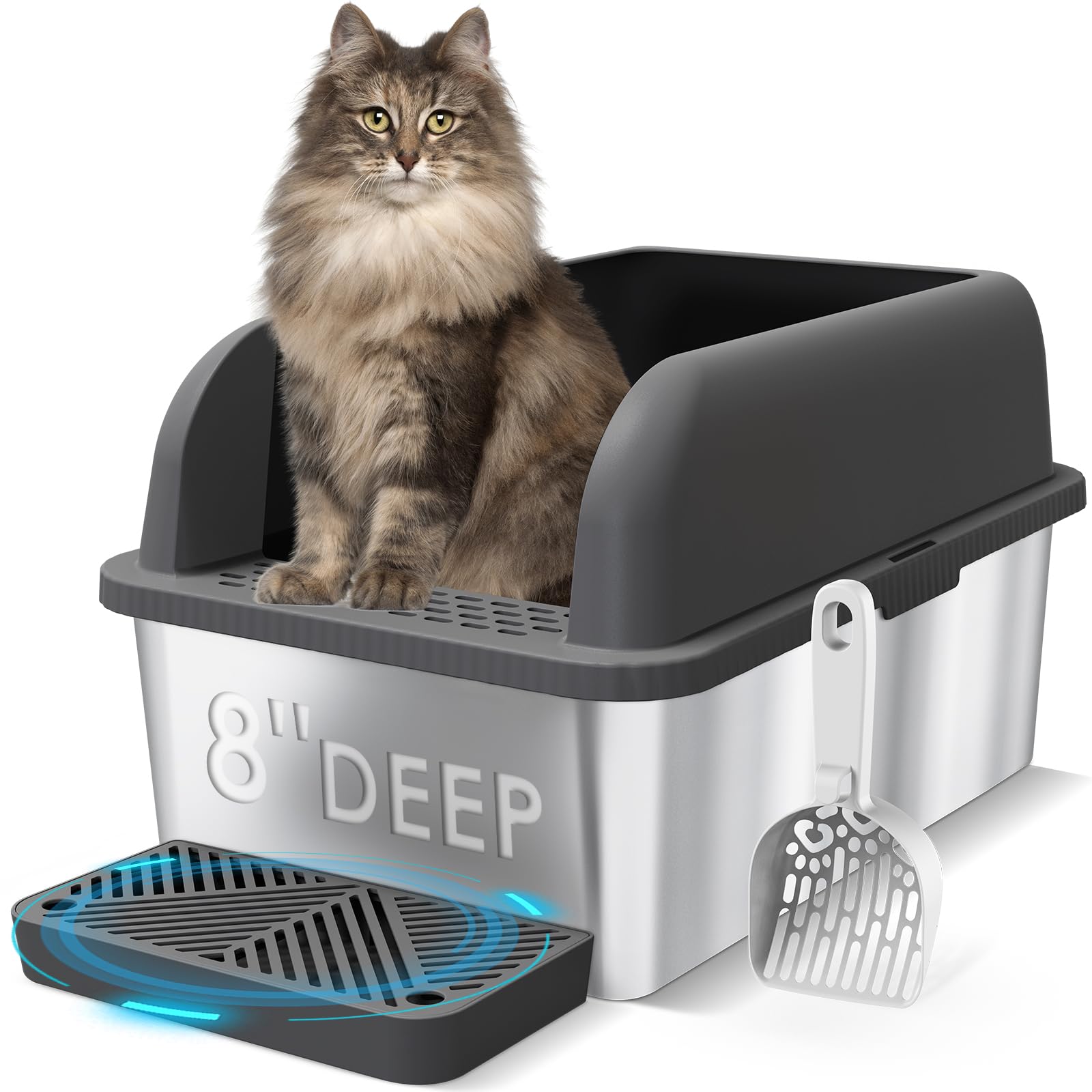 Suzzipaws 8 Deep Stainless Steel Litter Box with Lid Extra Large Cat Litter Box for Big Cats XL Metal Litter Pan Tray with High 