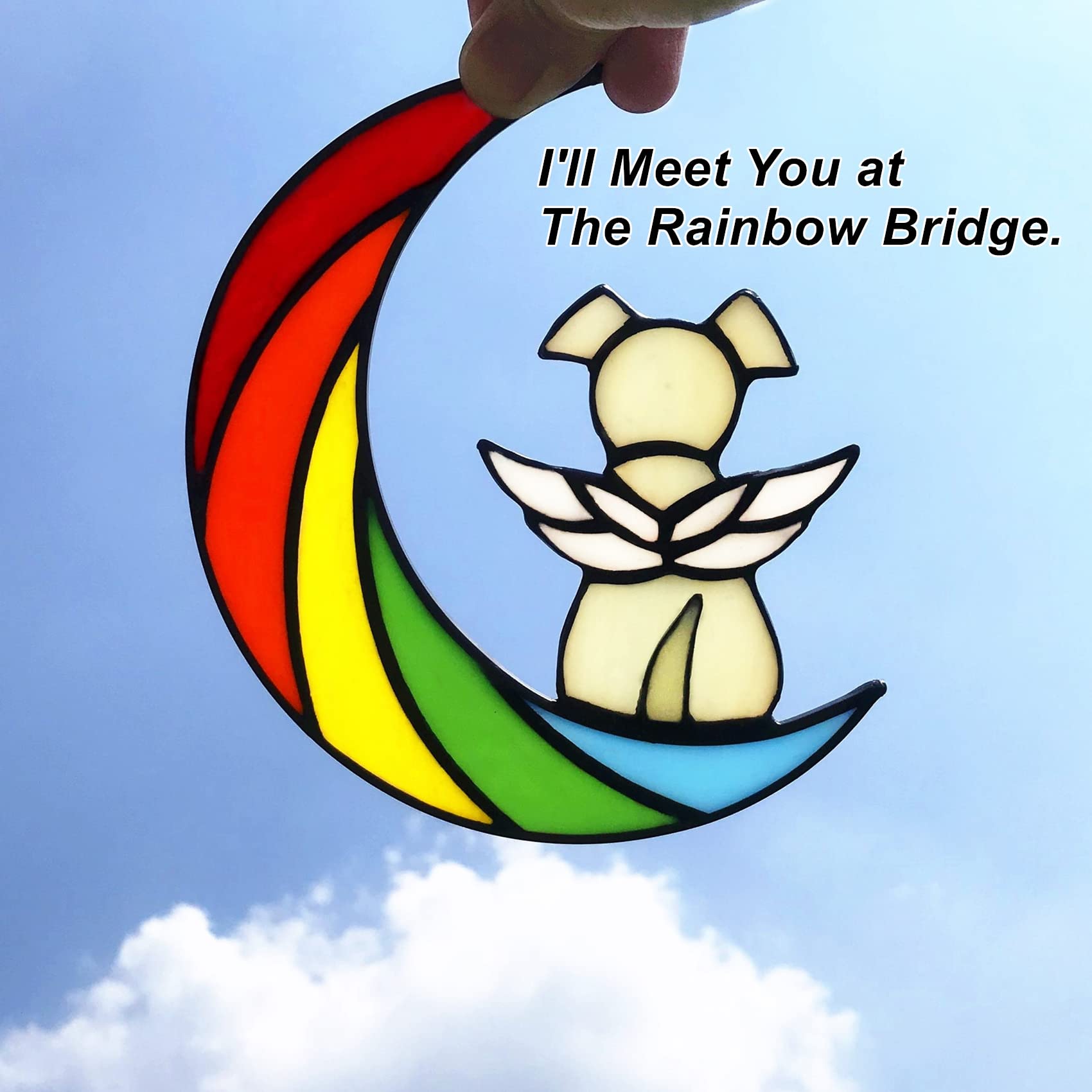 Lcensp Stained Glass Rainbow Bridge Dog Memorial Gifts for Loss of Dog Sympathy Remembrance Suncatcher, Angel Wings Pet Loss Ber