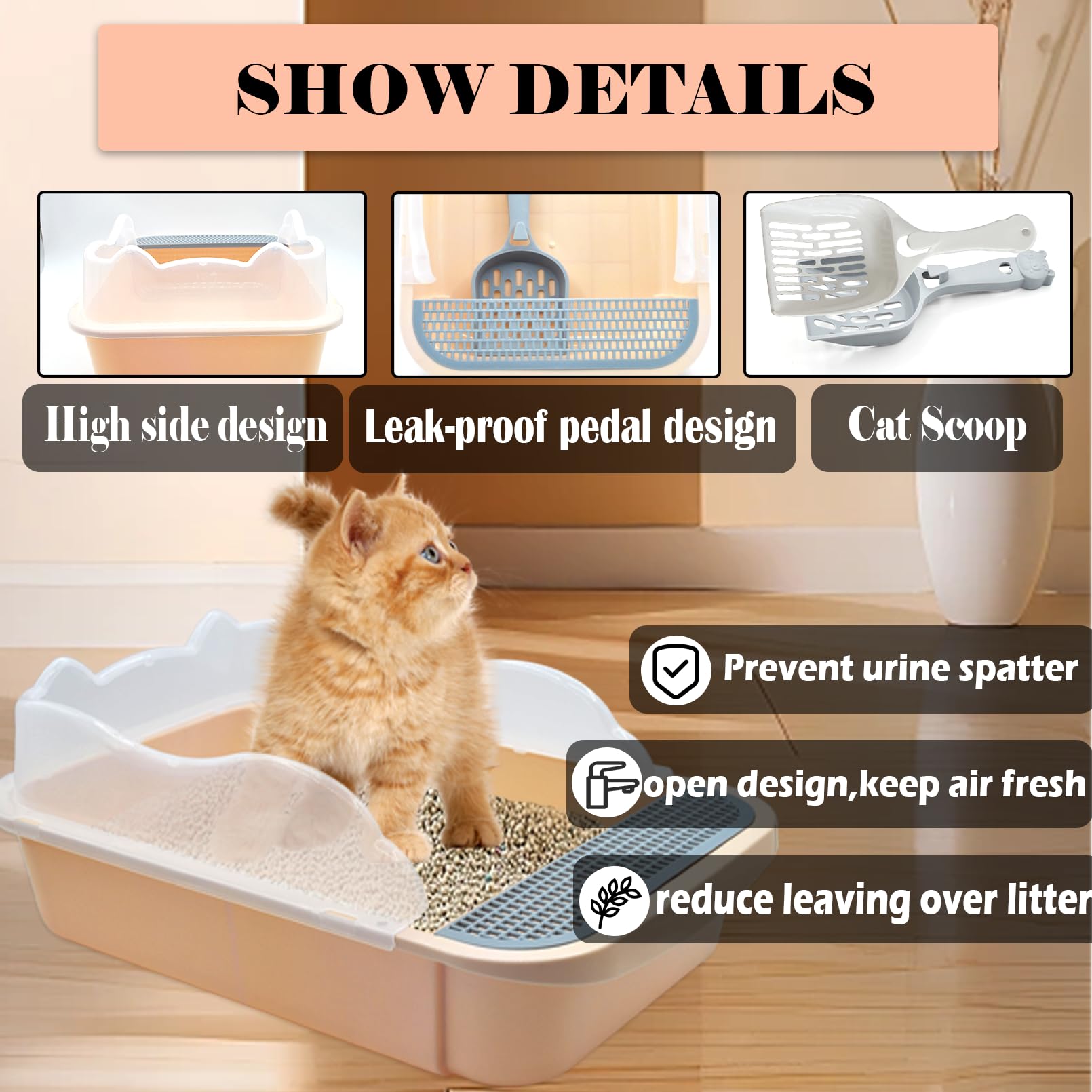 Kathson Open Cat Litter Box With High Side,Anti-Splashing Cats Litter Pan Semi-Enclosed Removable Cats Litter Boxes With Litter