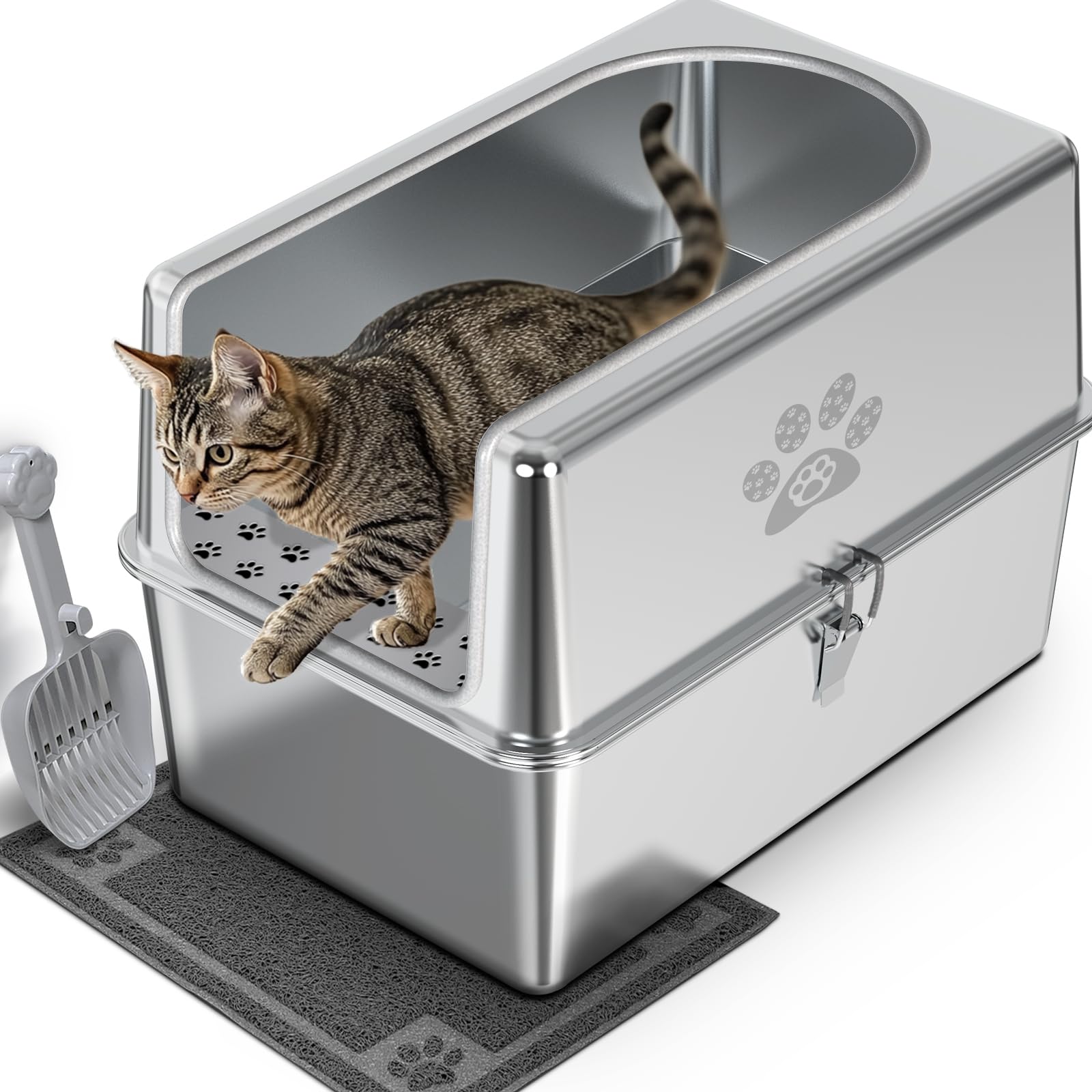 Pwtaa Enclosed Stainless Steel Cat Litter Box With Lid, Xl Metal Litter Box For Big Cats, Extra Large Cat Toilet With High Side,