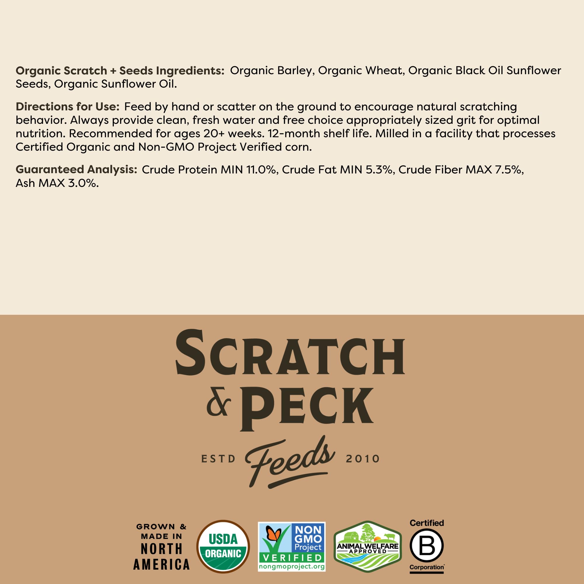 Scratch and Peck Scratch + Seeds Chicken and Duck Treat - 10 lbs Bag - 11% Protein, Certified Organic and Non-GMO Project Verifi
