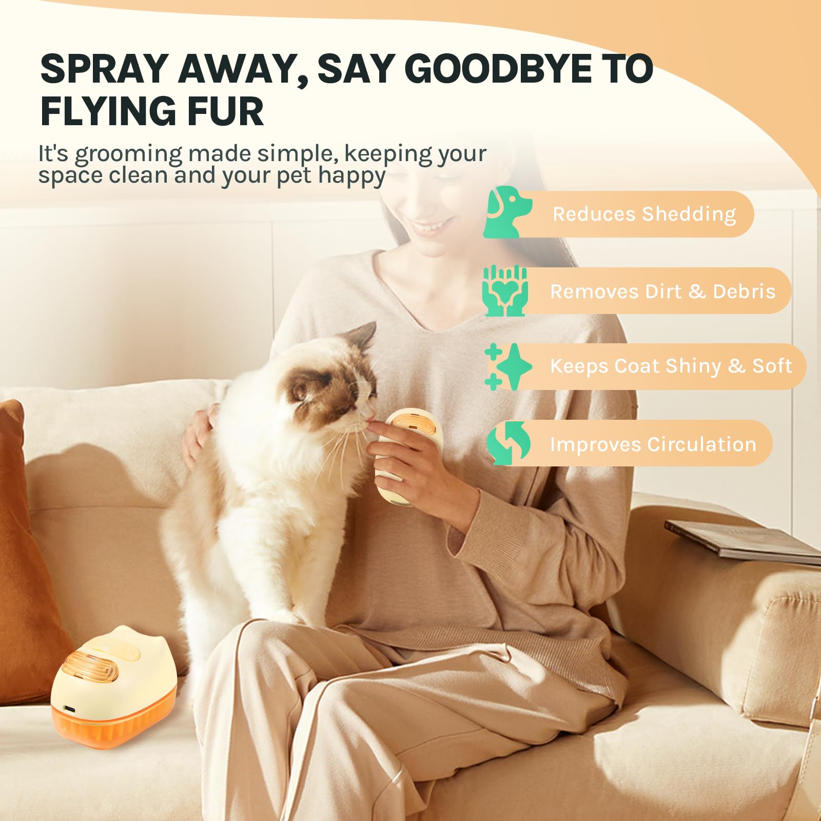 Cat Steam Brush For Easy Grooming - Dual-Head Petting & Shedding Tool With Spray Feature | Skin-Friendly & Massage Function | Th