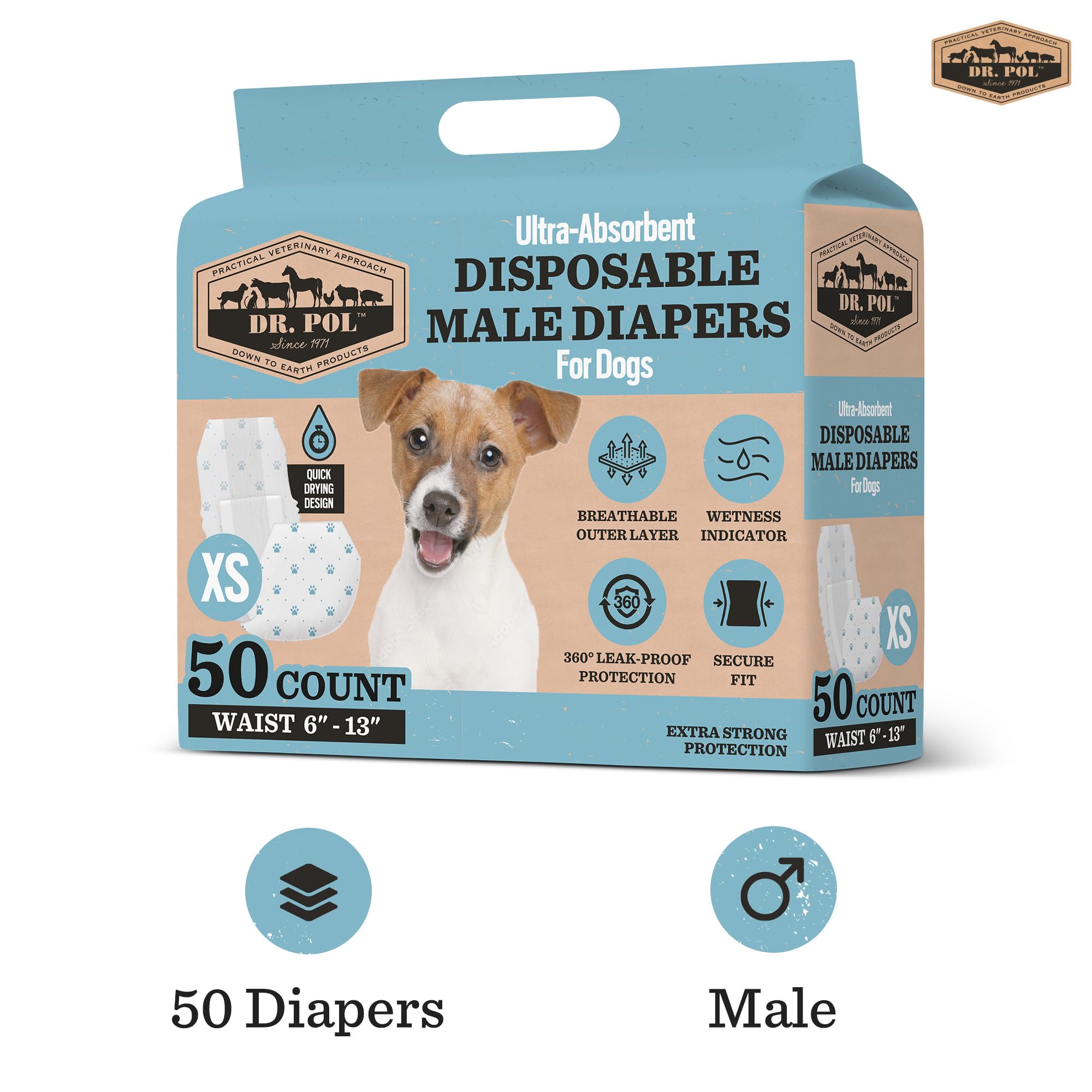 Dr. Pol Male Dog Diapers - Super Absorbent, Breathable, Leak-Proof With Wetness Indicator, X-Small, 50 Count