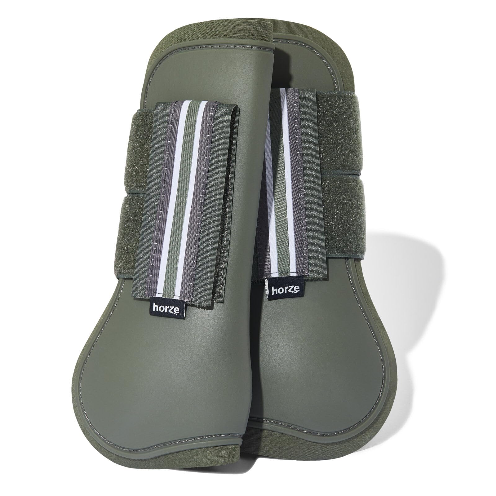 Horze Adepto Open Front Tendon Boots | Durable Shell With Neoprene Lining - Beetle Khaki Green - Pony