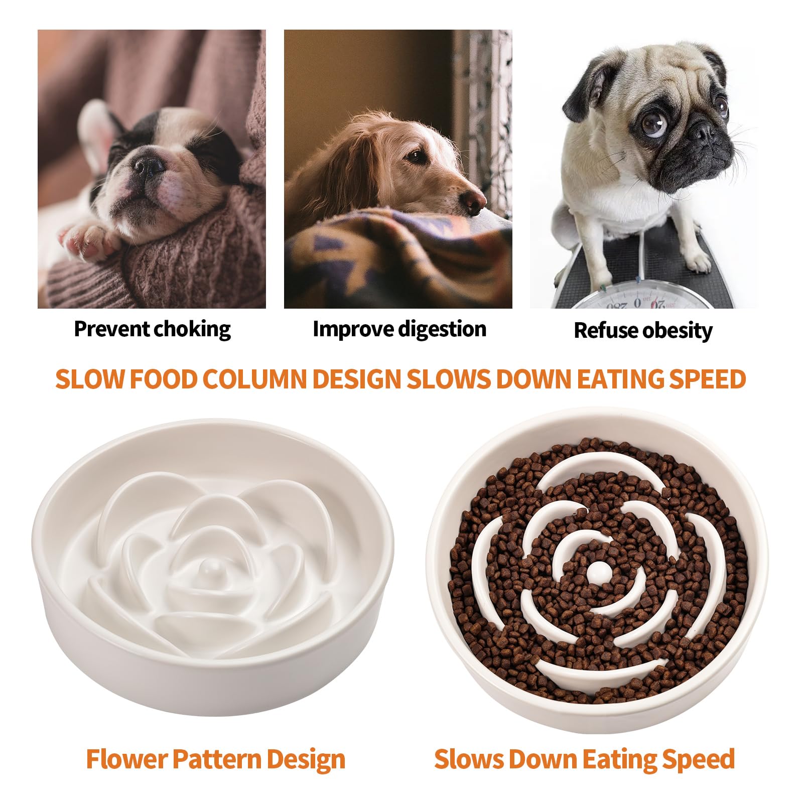 8.26 in White Ceramic Slow Feeder Dog Bowl for Medium and Large Breed,Pet Feeding Dog Food Water Dish Heavy Wighted,Puppy Bowl f