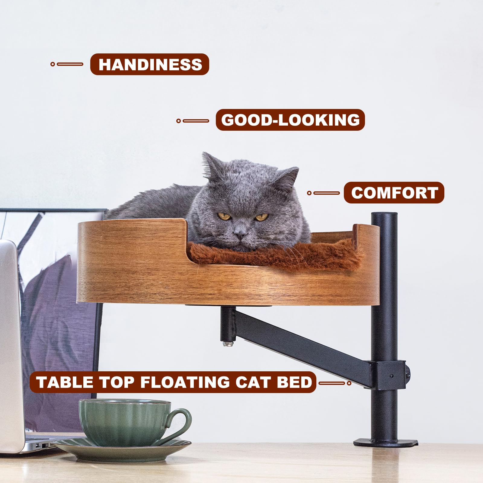 Zbuq Cat Bed Desk With Pet Mat, Cat Hammock For Desk, Cat Bed Desk With Wooden Bowl, 360 Rotation And Adjustable Height, Coffee