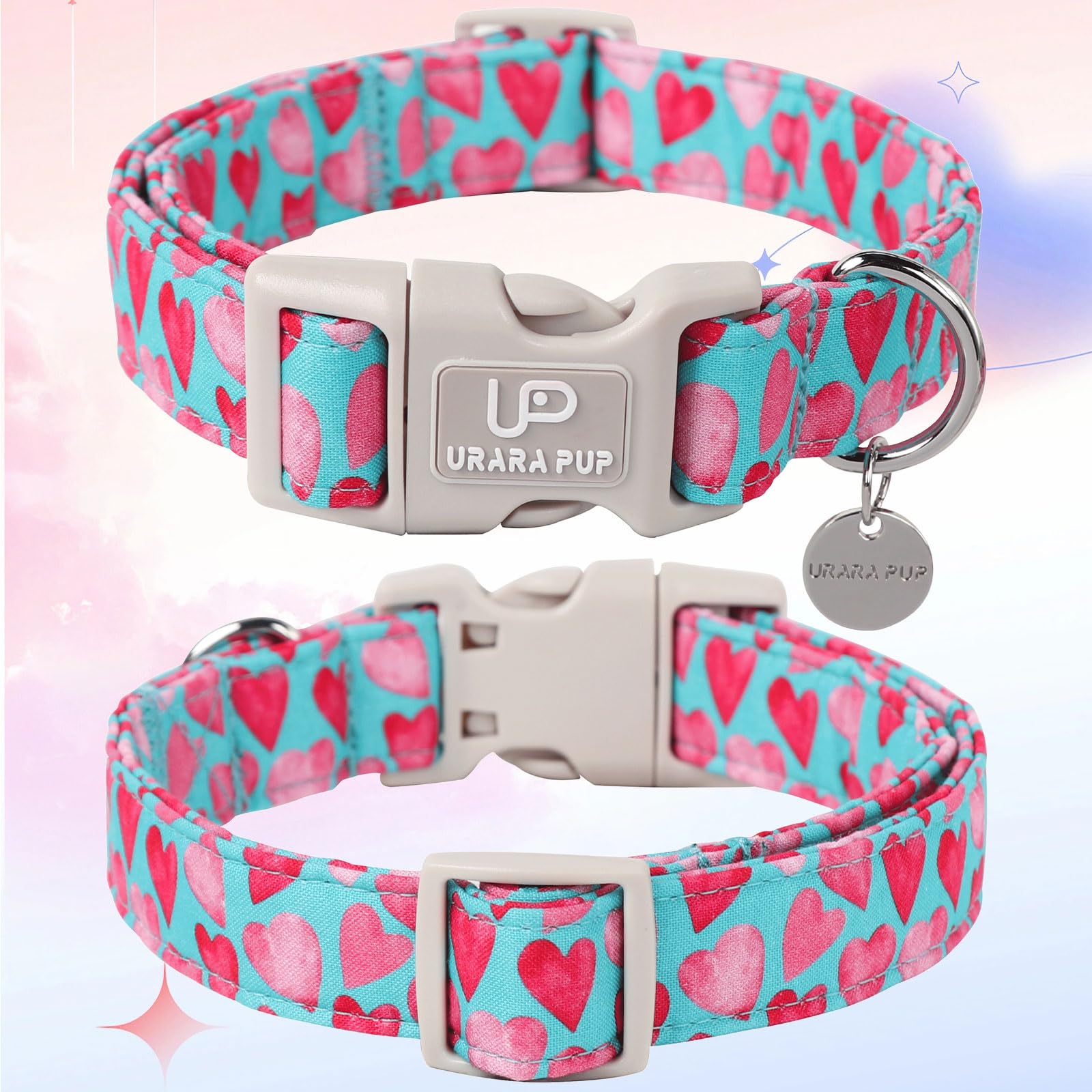 Up Urara Pup Pink Heart Dog Collar, Adjustable Size For Puppy Small Medium Dogs, Valentine'S Gift, Cotton Material, Unique Craft