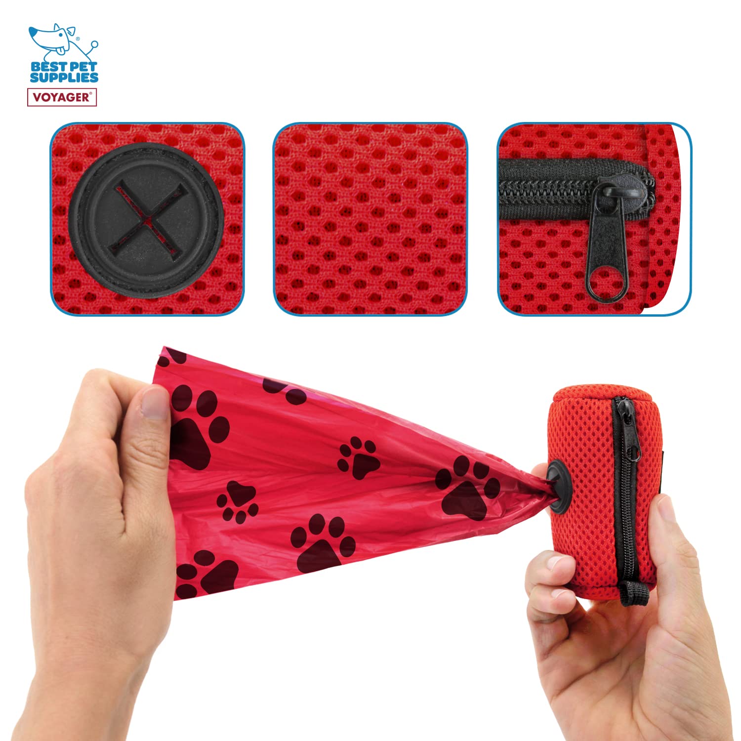 Best Pet Supplies Dog Poop Bag Holder Leash Attachment, Color, Reusable Mesh Dispenser Pouch For Travel, Walking, Park, And Outdoor Use, Soft And Durable With Clip-On - Mesh Red