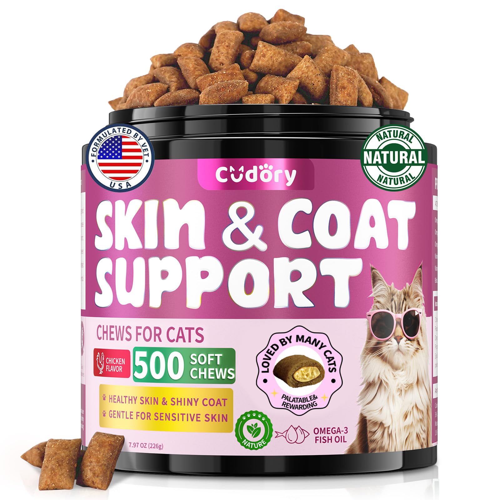 Omega 3 for Cats - 500 Skin & Coat Health Crunchy & Creamy Chews with Omega 3, Biotin & Vitamin E for Healthy Skin, Shiny Fur, C