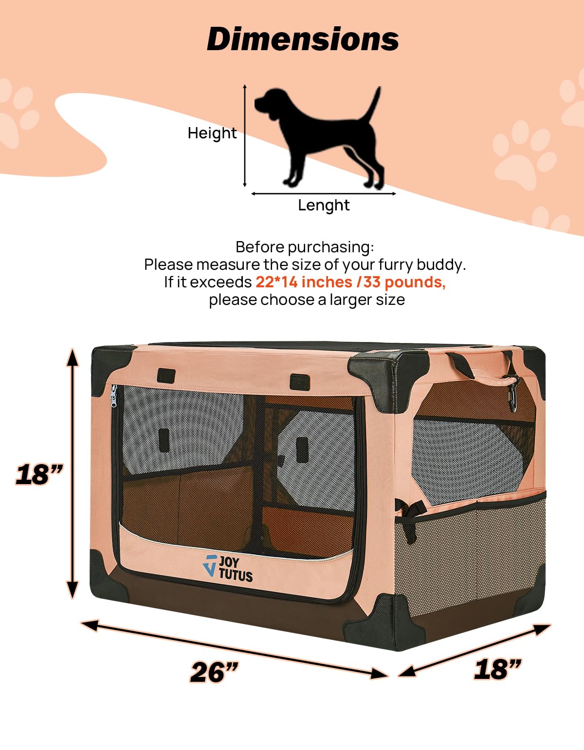 Joytutus Collapsible Dog Crate, 26 Inch Portable Pet Crate For Car, Travel Dog Kennel Foldable Dog Crate For Medium Dog 44Lbs, S