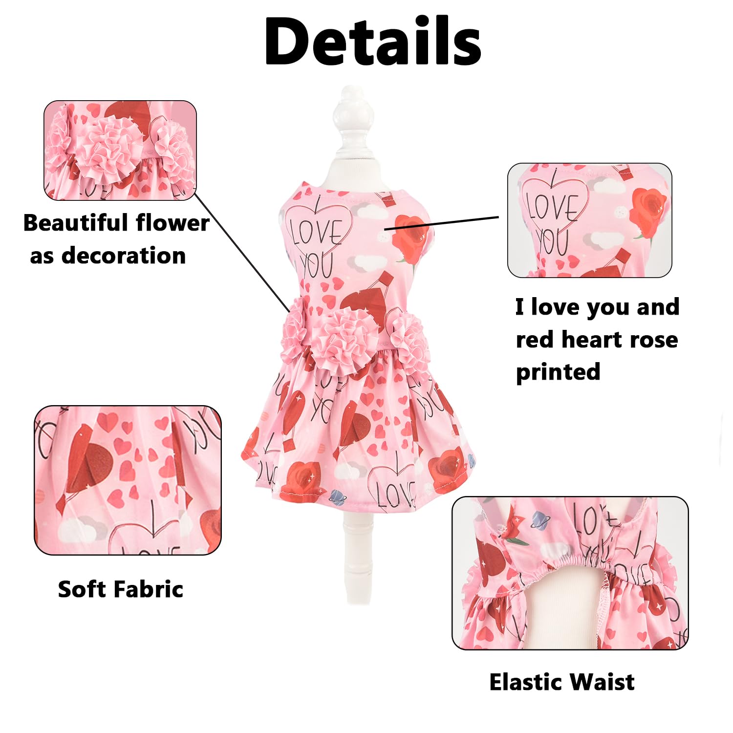 Muyaopet Pink Dog Dress Dog Pet Cat Valentines Clothes Outfit Flower Tutu Skirt Dresses For Small Dogs Cat Girl(I Love You, M)