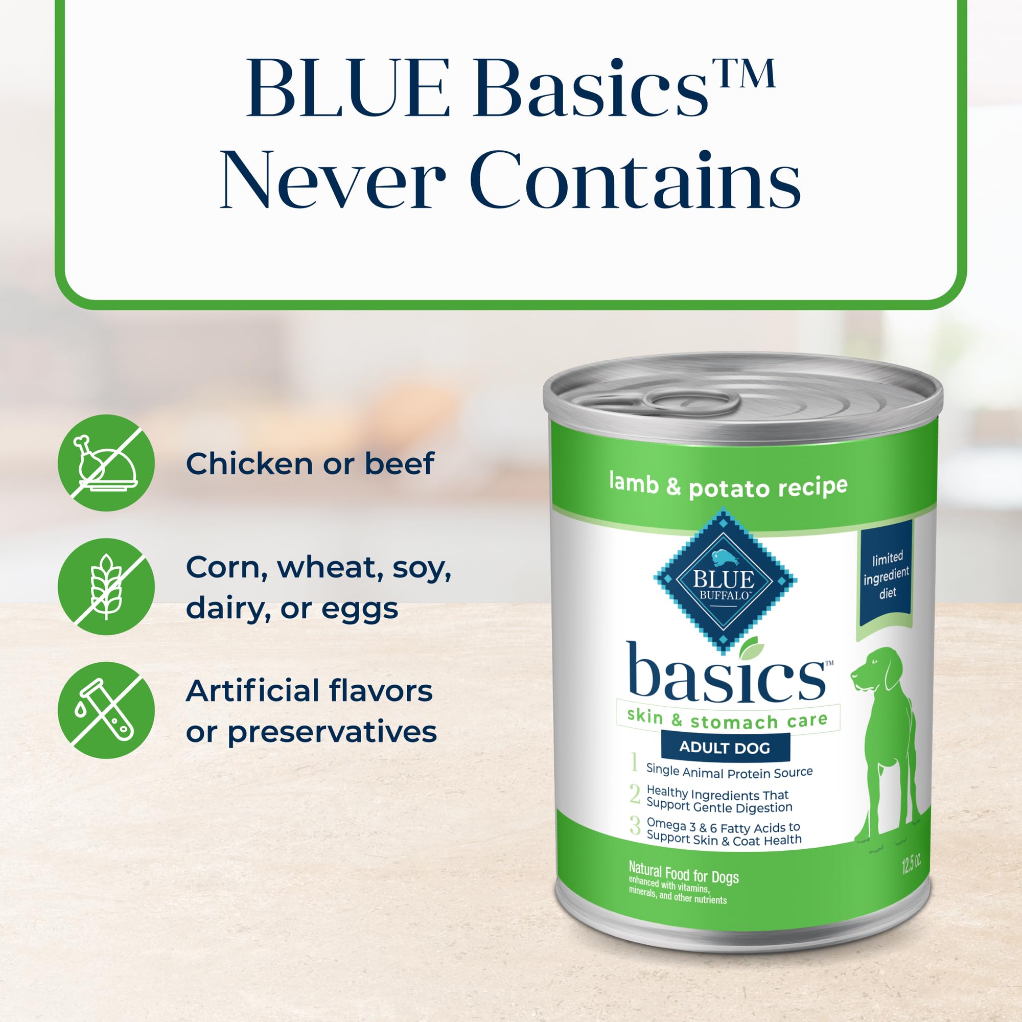 Blue Buffalo Basics Grain-Free Adult Wet Dog Food, Skin & Stomach Care, Limited Ingredient Diet, Lamb Recipe, 12.5-oz. Can, 12 C