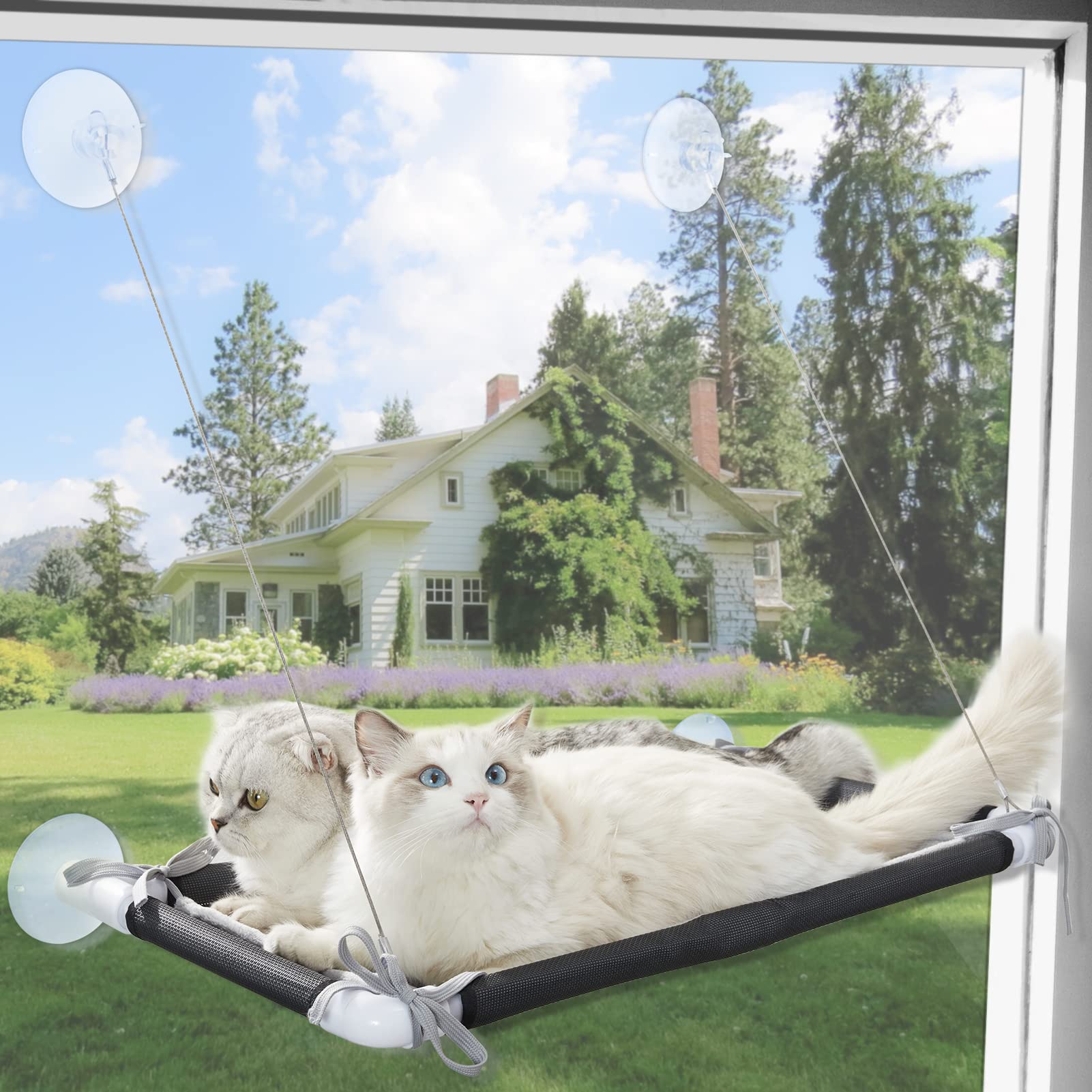 Water Proof Cat Window Hammock With Removable Warm Flannel Mat, Cat Window Perch, Heavy Duty Cat Hammock For Window, Space Saving Cat Perch For Large Indoor Cats In Black