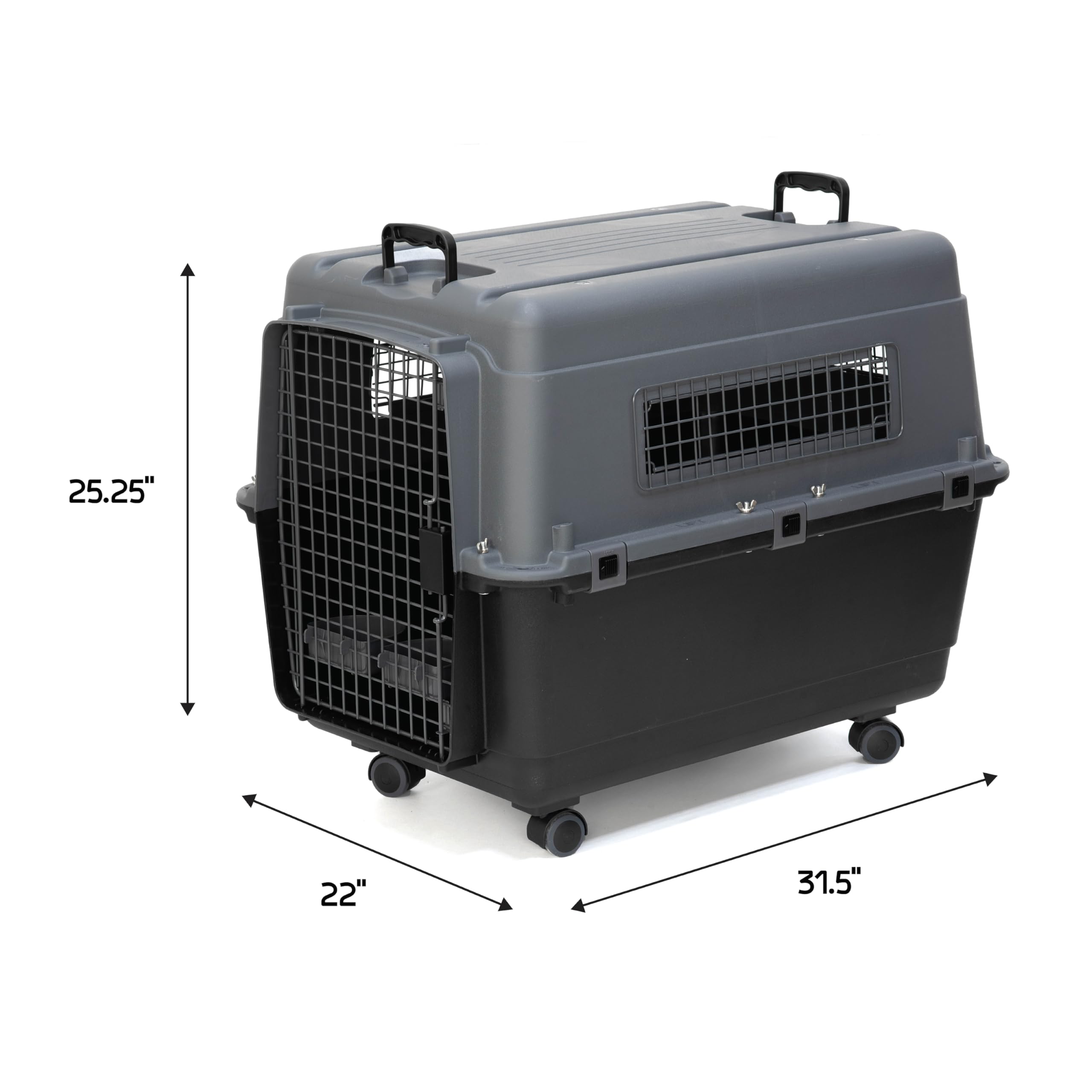 SportPet Airline Approved Wire Door Travel Dog Crate, Durable Plastic Pet Travel Kennel with Removable Wheels,Collapsible, Food