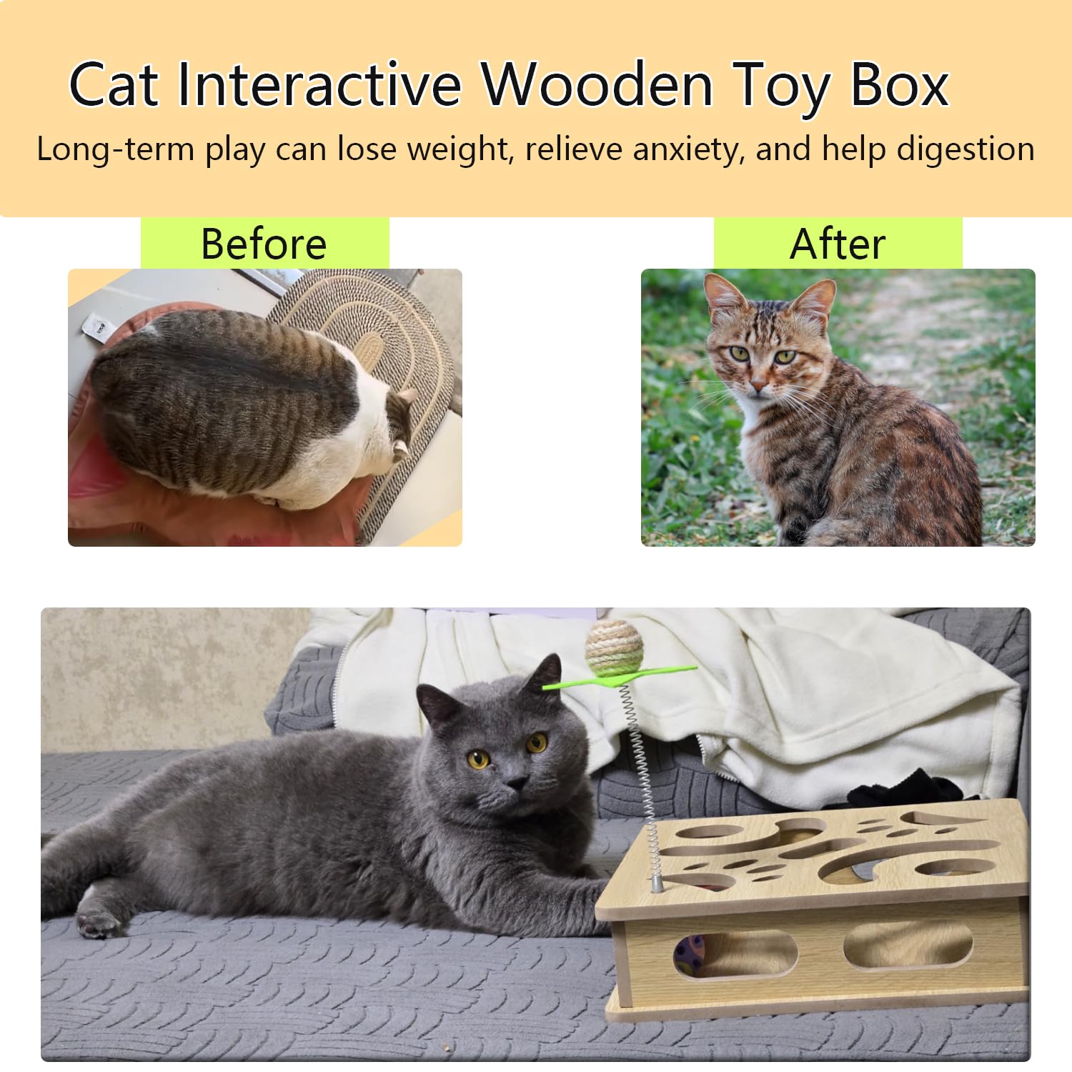MUCAOL Interactive Wooden Cat Puzzle Toy Box Indoor Hunting Play Toy to Stimulate Your Cats Energy and Instincts (White)