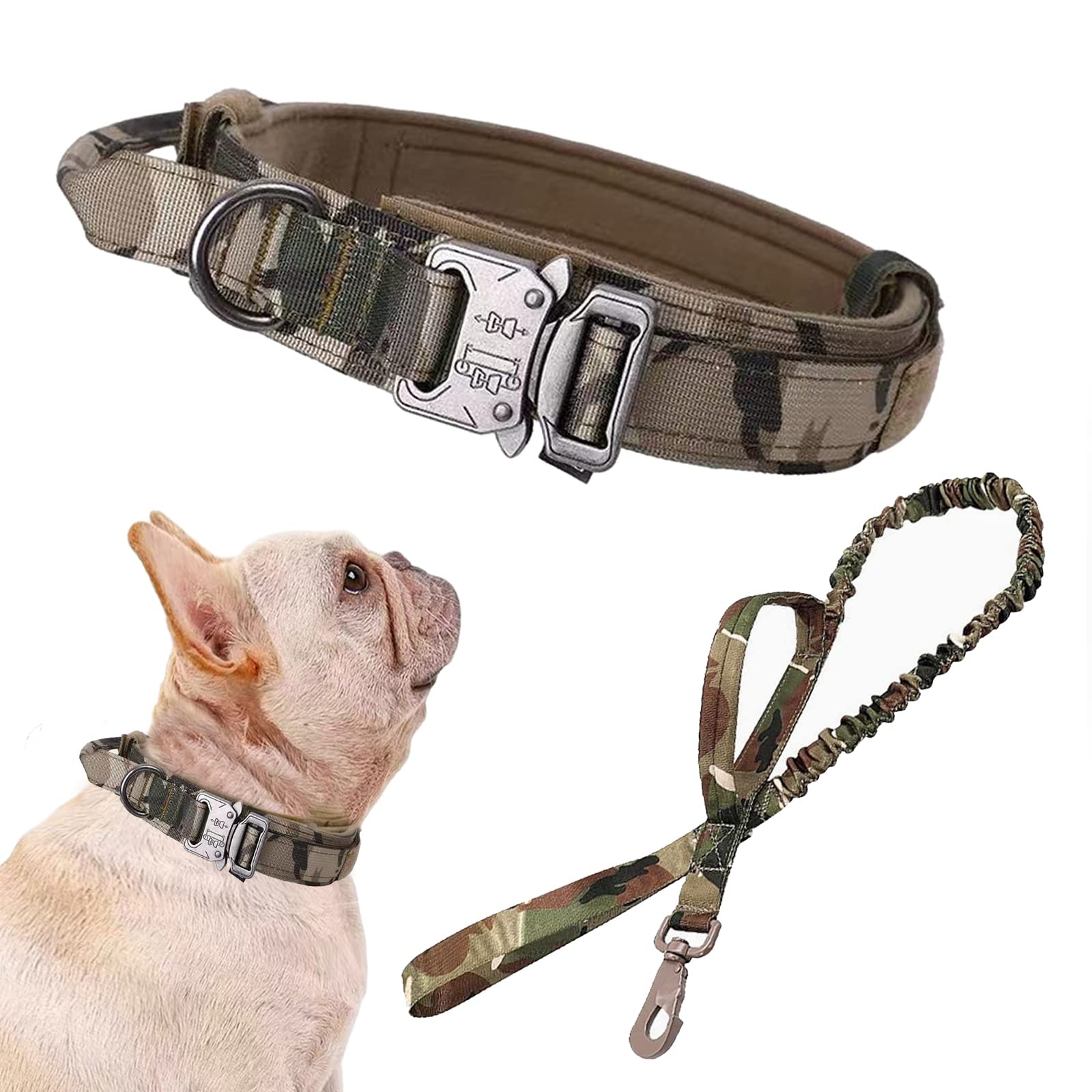 Tactical Dog Collar And Leash Set Tactical Dog Collar With Handle Bungee Leash Adjustable Military Training Nylon Collar Dog Training Collar Leash Set With Control Handleand Metal Buckle (Camo S