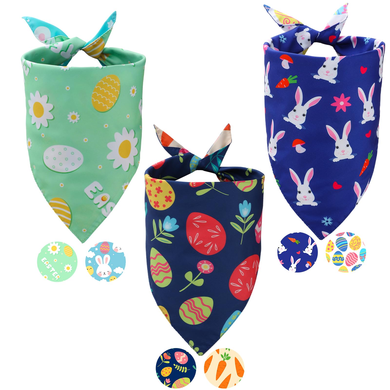 Easter Dog Bandanas 3 Pack, Double Layer Reversible Dog Scarf For Boy And Girl, 6 Patterns Easter Egg Bunny Pet Scarf For Dog Pr