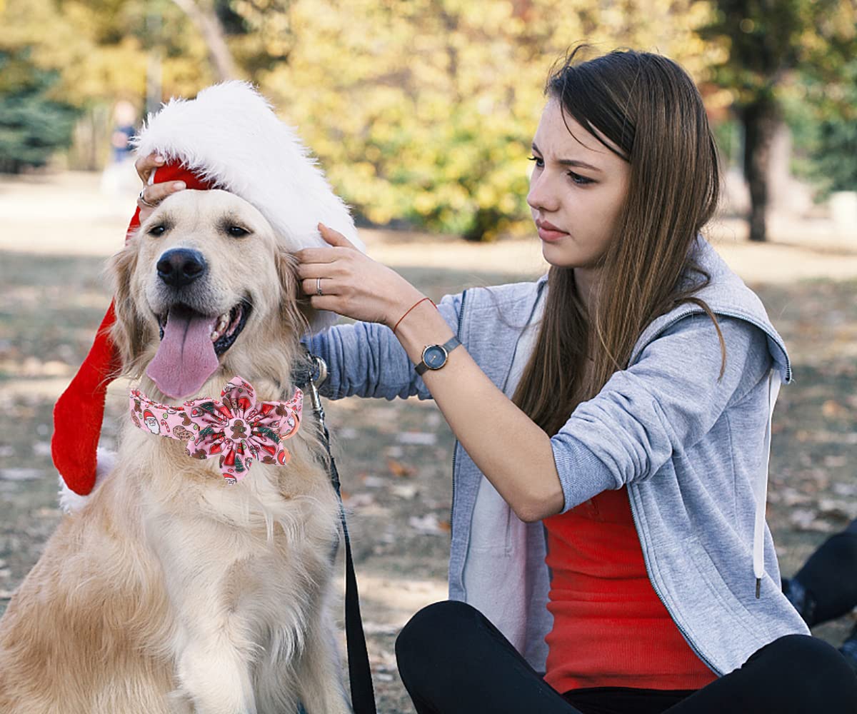 Dogwong Christmas Dog Collar With Flower, Pink Santa Claus Dog Collar Gingerbread Man Soft Durable Adjustable Cotton Cute Girl P