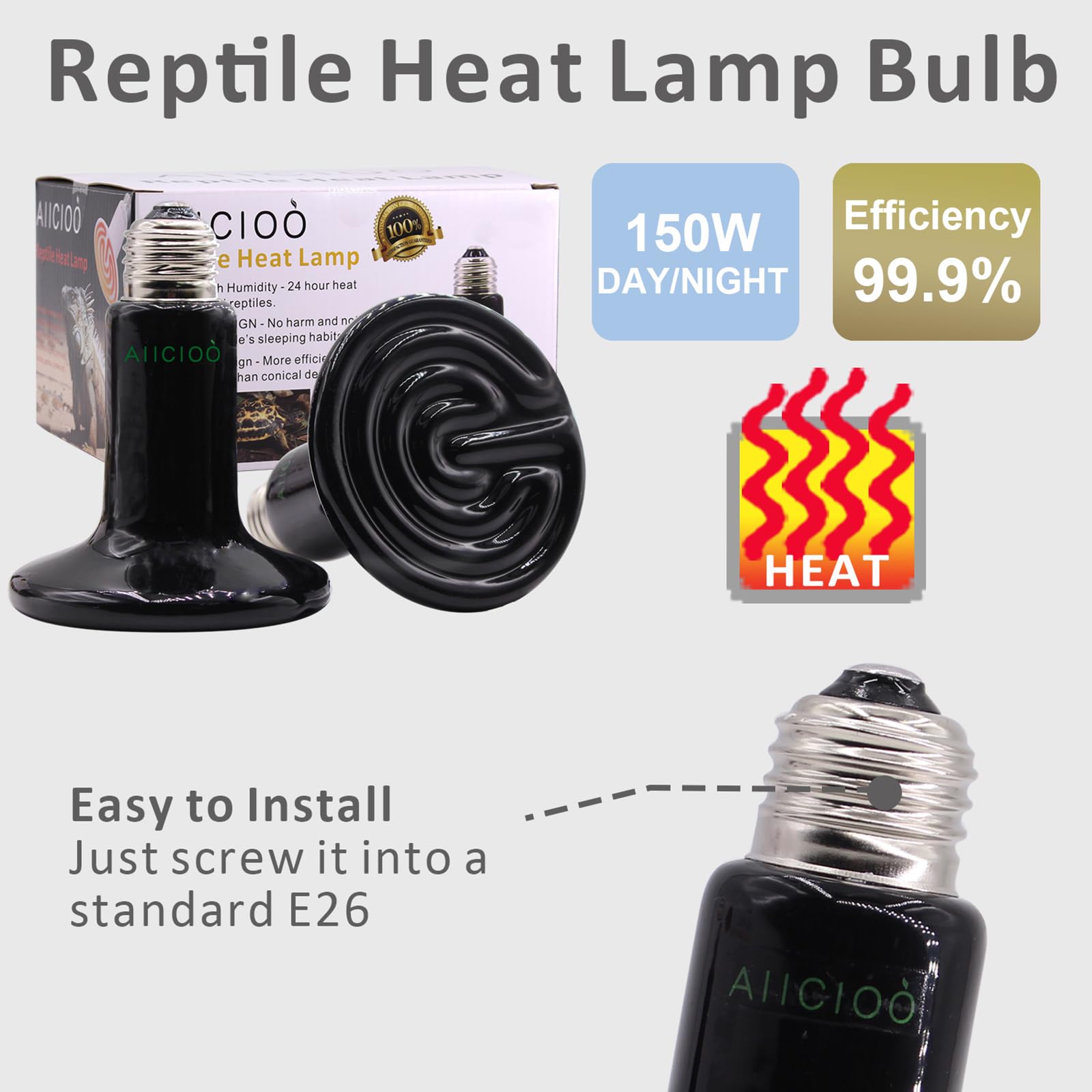 Aiicioo 150W Black Ceramic Heat Emitter 2Pack No Light Heat Bulb For Reptile Emitting Heat Lamp Bulb For Bearded Dragon Lizard T