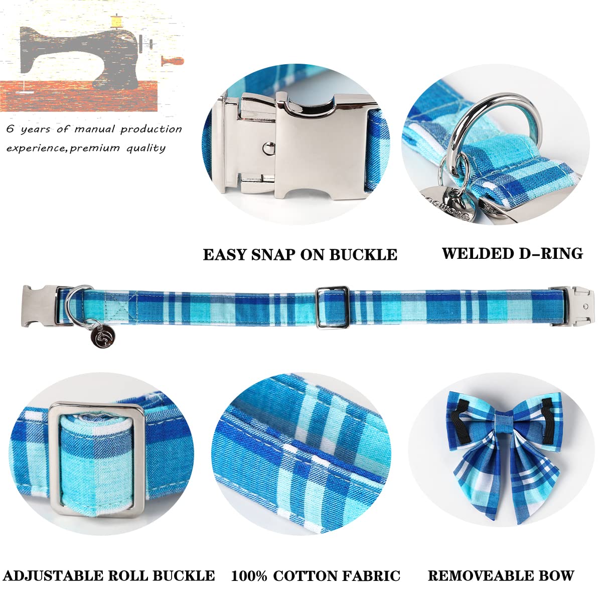 Dogwong Cotton Blue Plaid Dog Collar, Cotton Dog Collar With Bow Cute Boy Dog Collar Puppy Necklace For Female Small Medium Larg