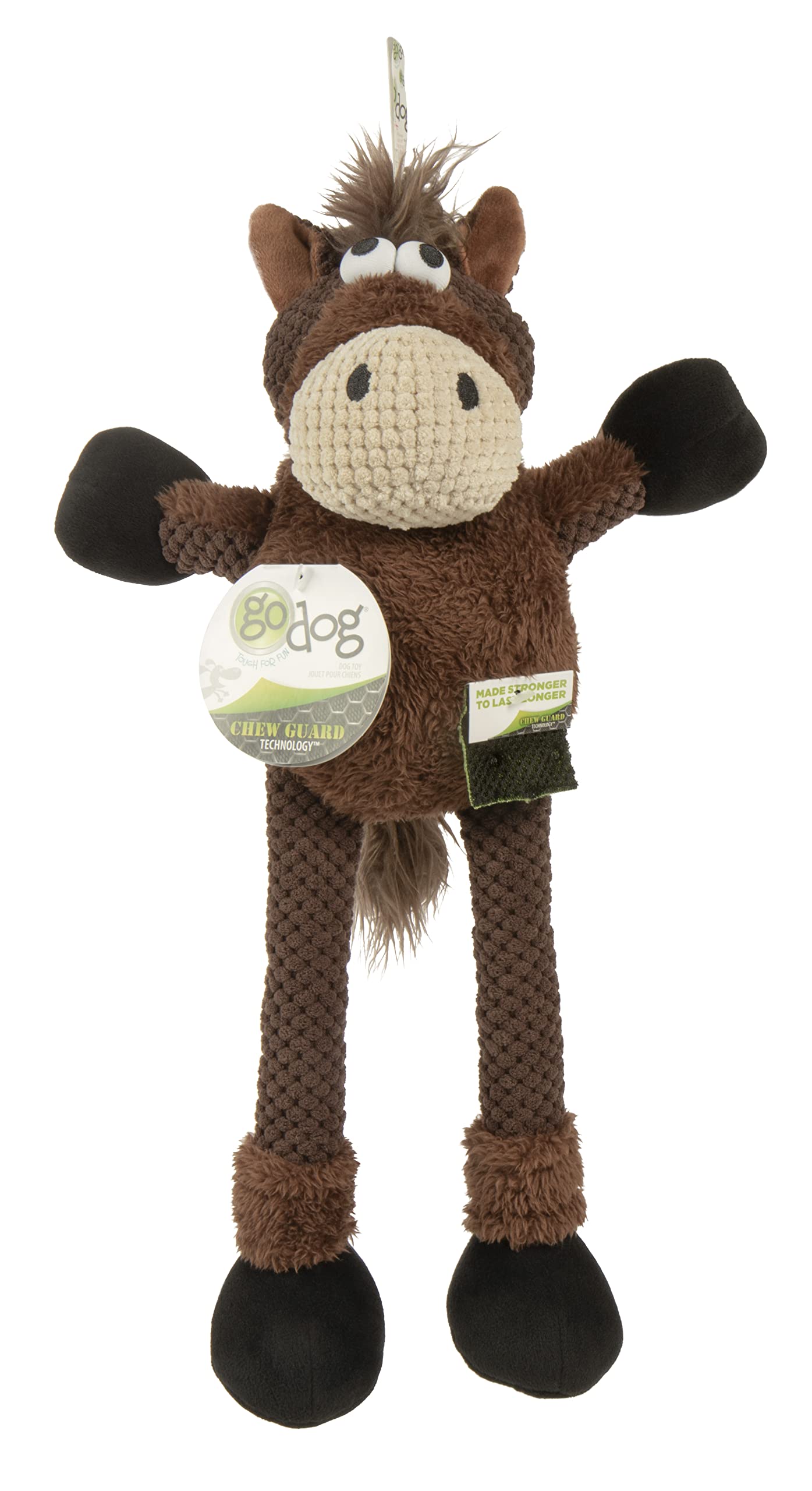 Godog Checkers Skinny Horse Squeaky Plush Dog Toy, Chew Guard Technology - Brown, Large