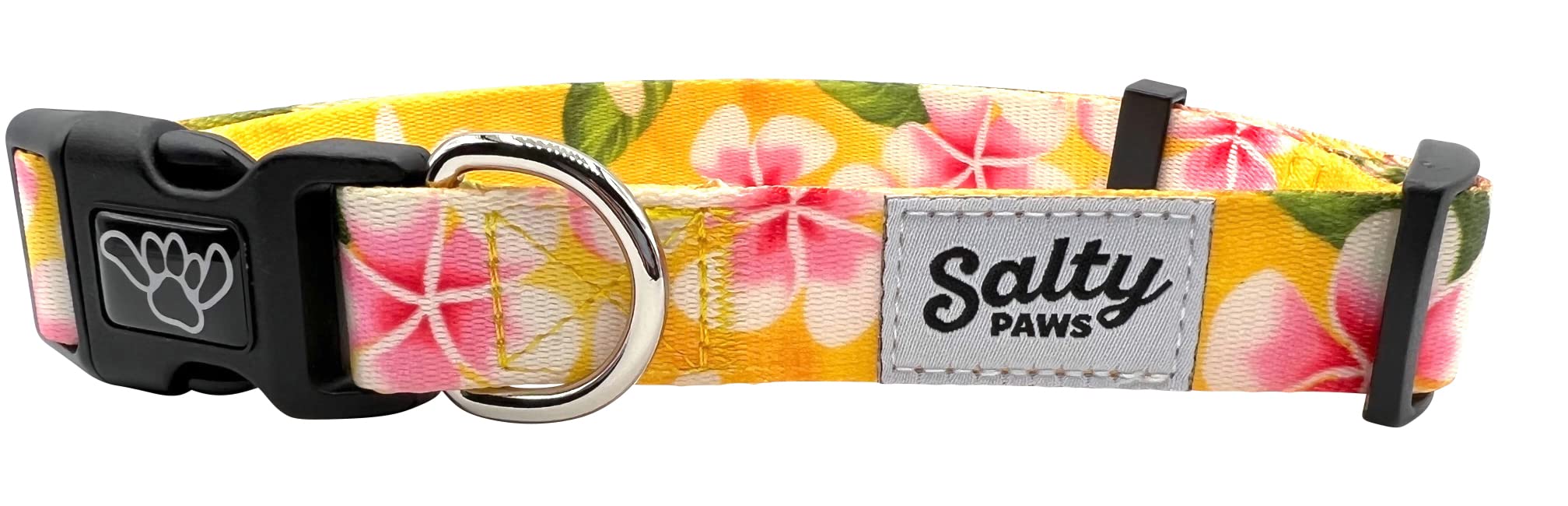 Salty Paws Tropical Yellow Floral Dog Collar For Beach, Boating, Surfing (Medium Size Adj. 14-20 For Dogs 25-50 Lbs, Flower Pr