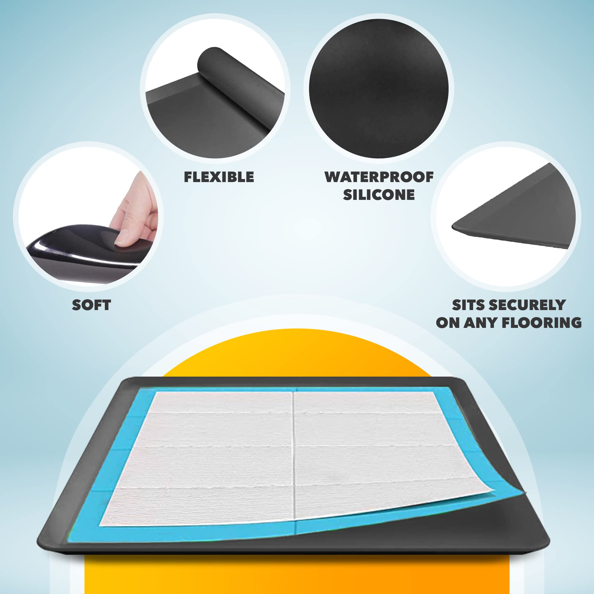 Skywin TidyFriend Silicone Pee Pad Holder Tray, 24 X 24 Inch No-Spill, Leakproof, Easy-to-Clean Pee Pad Holder for Dog (Black)