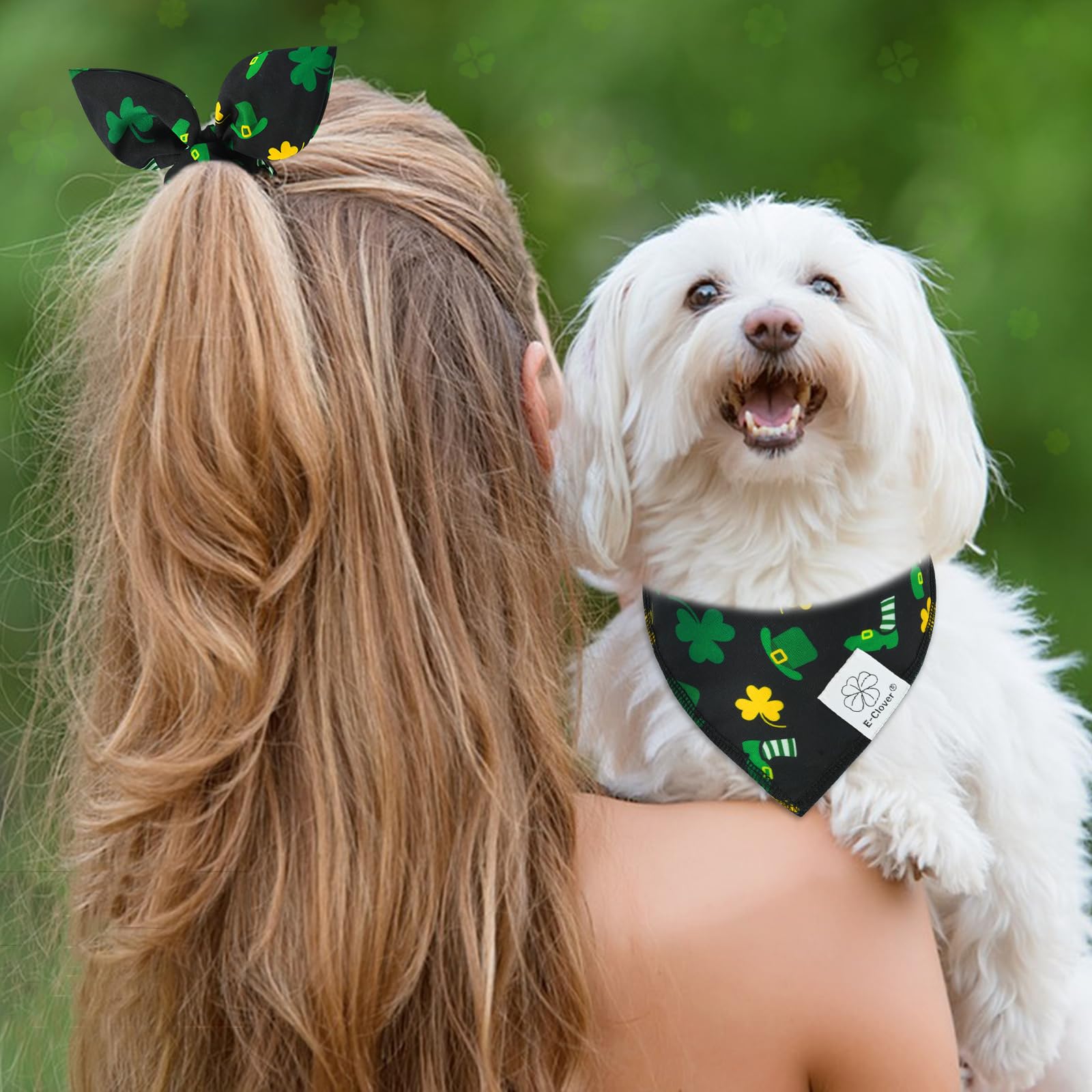 E-Clover Spring Dog Bandana & Matching Scrunchie-Shamrock Dog Bandanas Irish Pet Scarf Bib For Samll Dogs Puppy Girl Boy Owner G