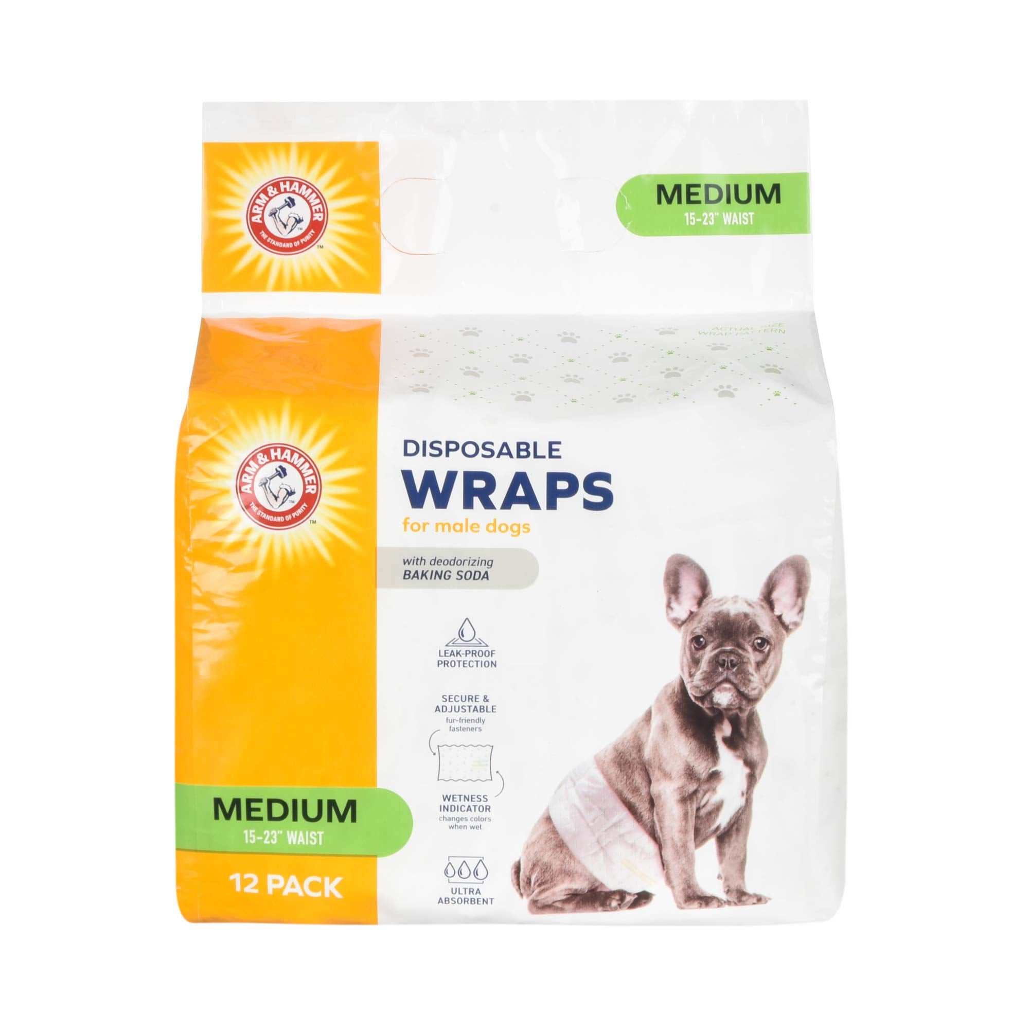 Arm & Hammer For Pets Male Dog Wraps, Medium 12 Ct | Ultra-Absorbent, Adjustable Male Dog Diapers with Leak-Proof Protection & W