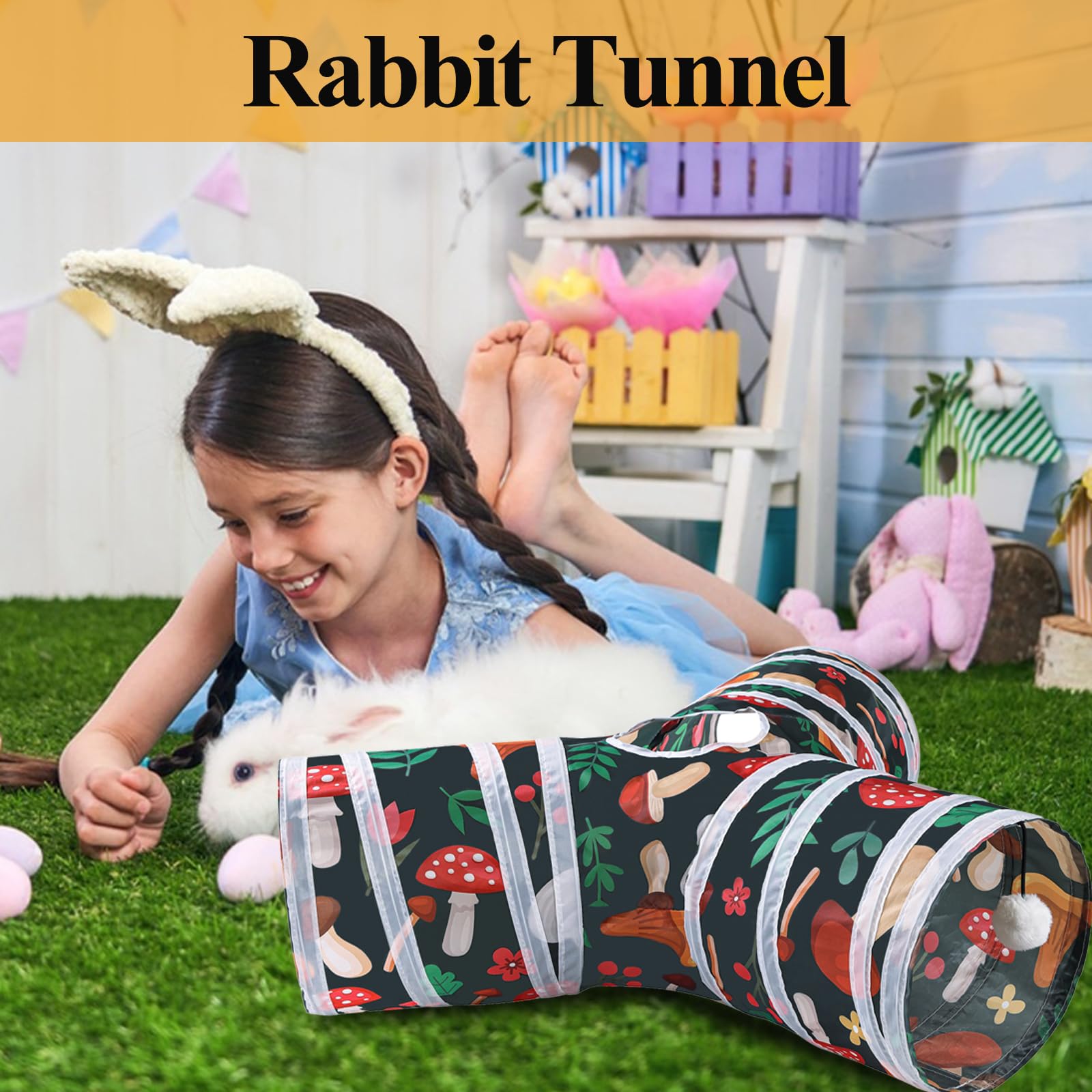 Mechpia Rabbit Toys, Bunny Tunnels and Tubes with Chew Toys for Grinding Teeth Bamboo Carrot Loofah and Grass Ball for Rabbit Gu