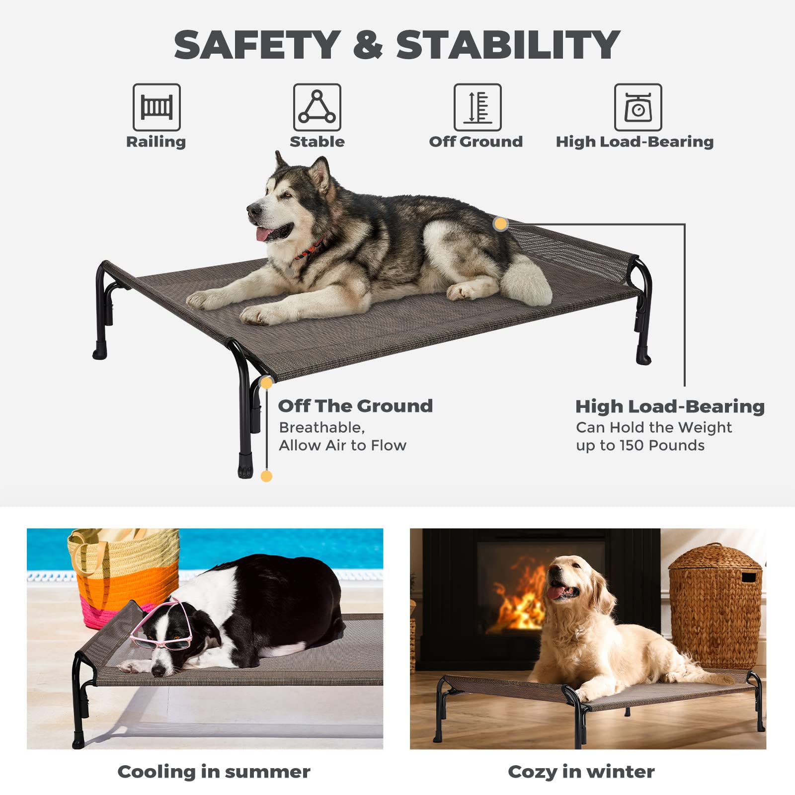 Veehoo Elevated Dog Bed, Outdoor Raised Dog Cots Bed For Large Dogs, Cooling Camping Elevated Pet Bed With Slope Headrest For Indoor And Outdoor, Washable Breathable, X-Large, Brown, Cwc2204