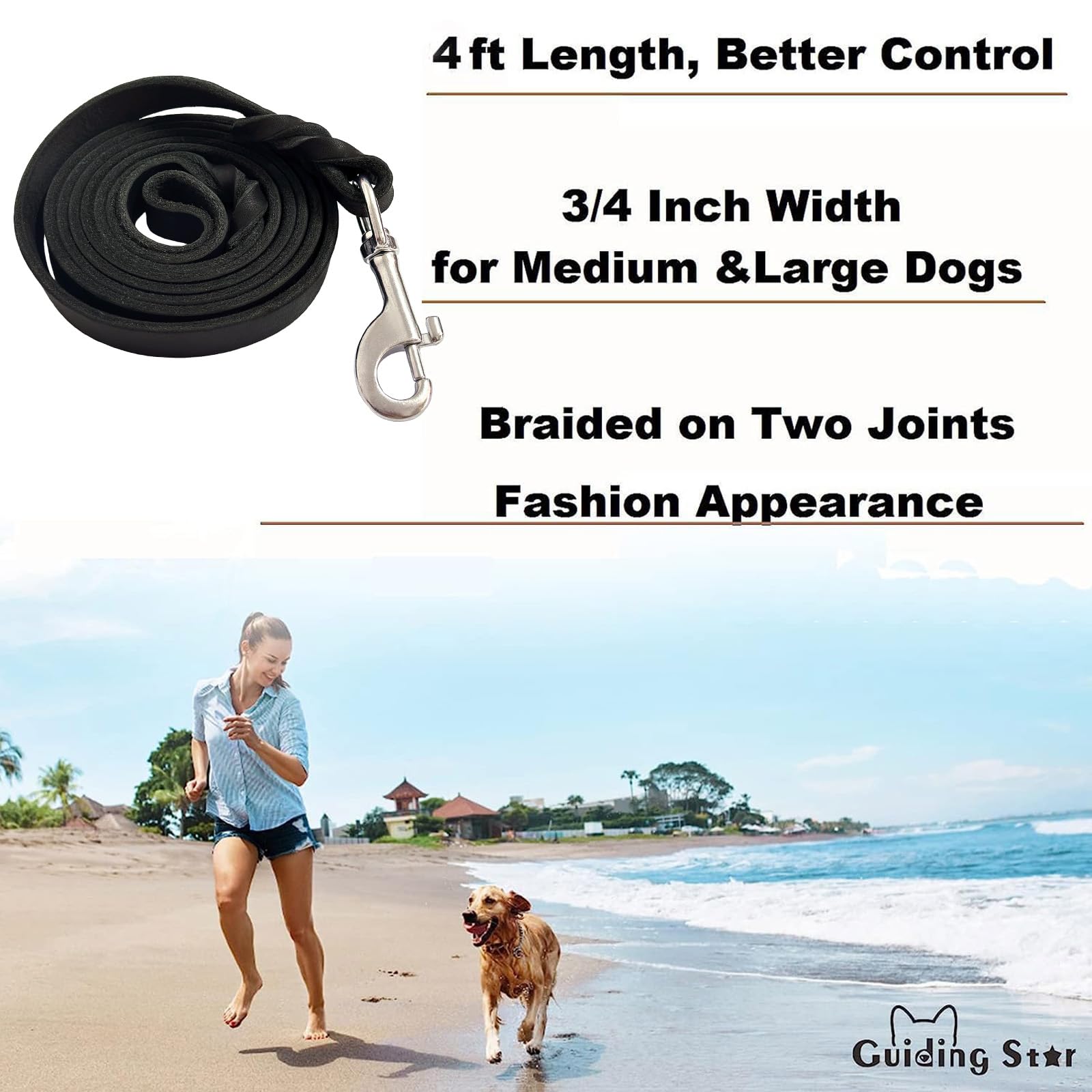 Leather Dog Leash 4Ft, Leather Leashes For Large Dogs Heavy Duty, Soft And Strong Braided Dog Training Leash For Small Medium La