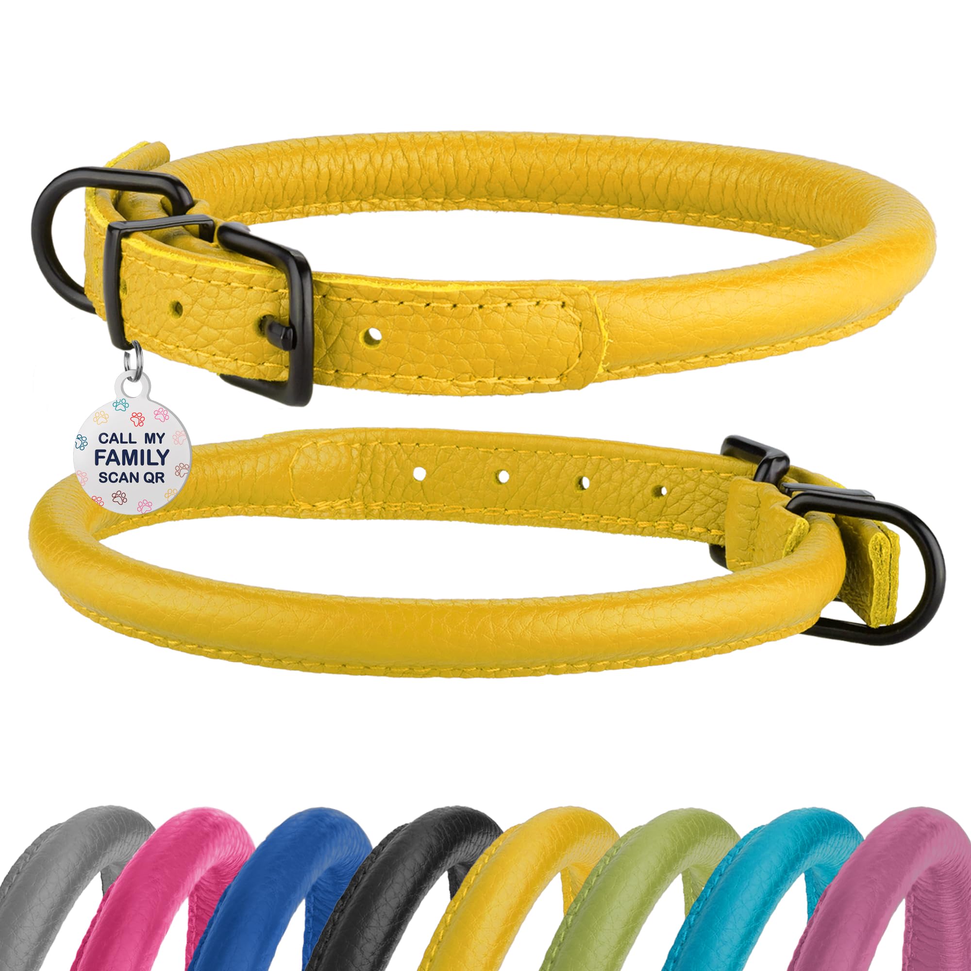 Rolled Leather Dog Collar Soft Round Collars, Id Tag For Small Medium Large Dogs (7-10 Inch, Yellow)