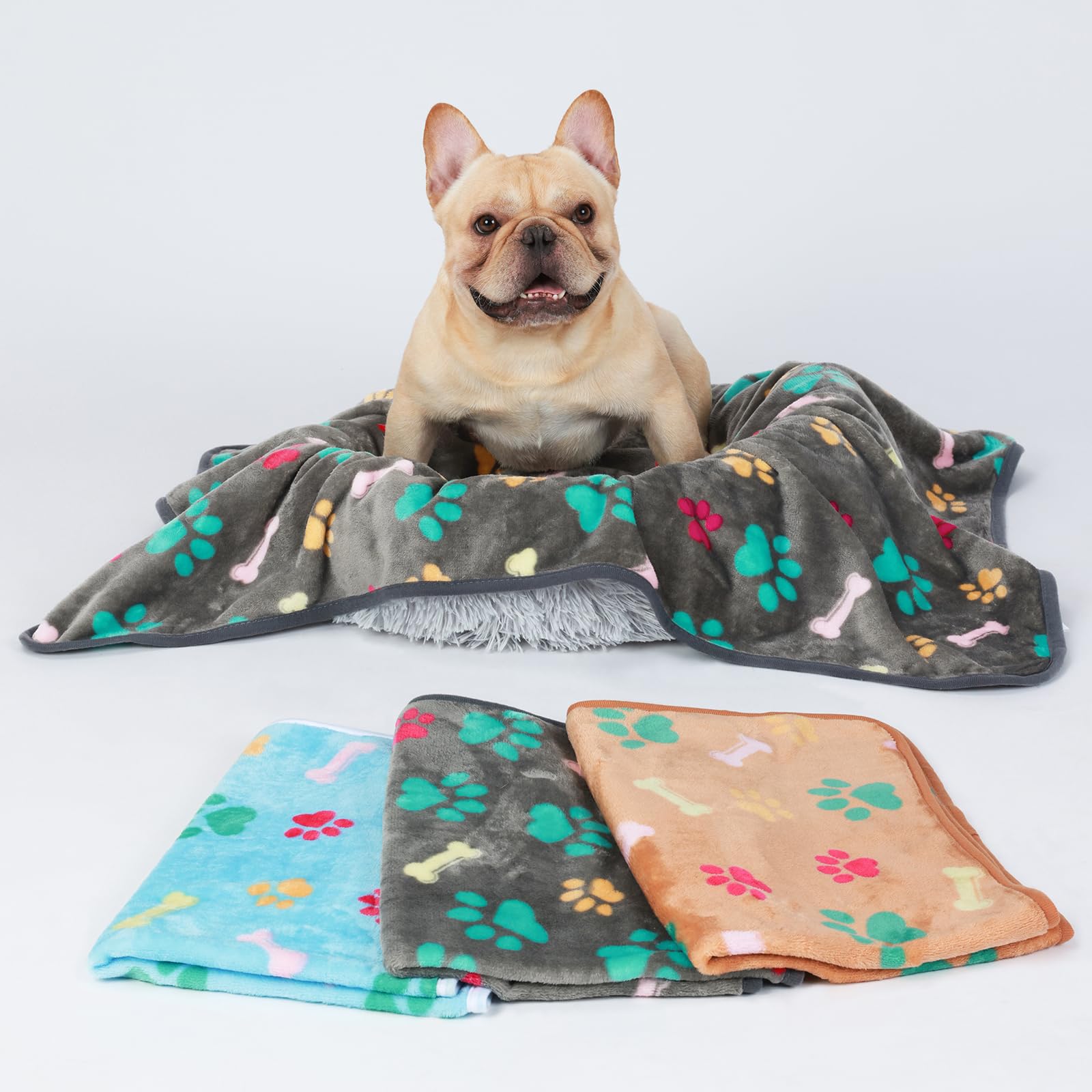 Luciphia 1 Pack 3 Blankets Fluffy Premium Fleece Pet Blanket Flannel Paw Bone Printed Throw For Dog Cat(Large 41'X31', Khaki/Blue/Navy)