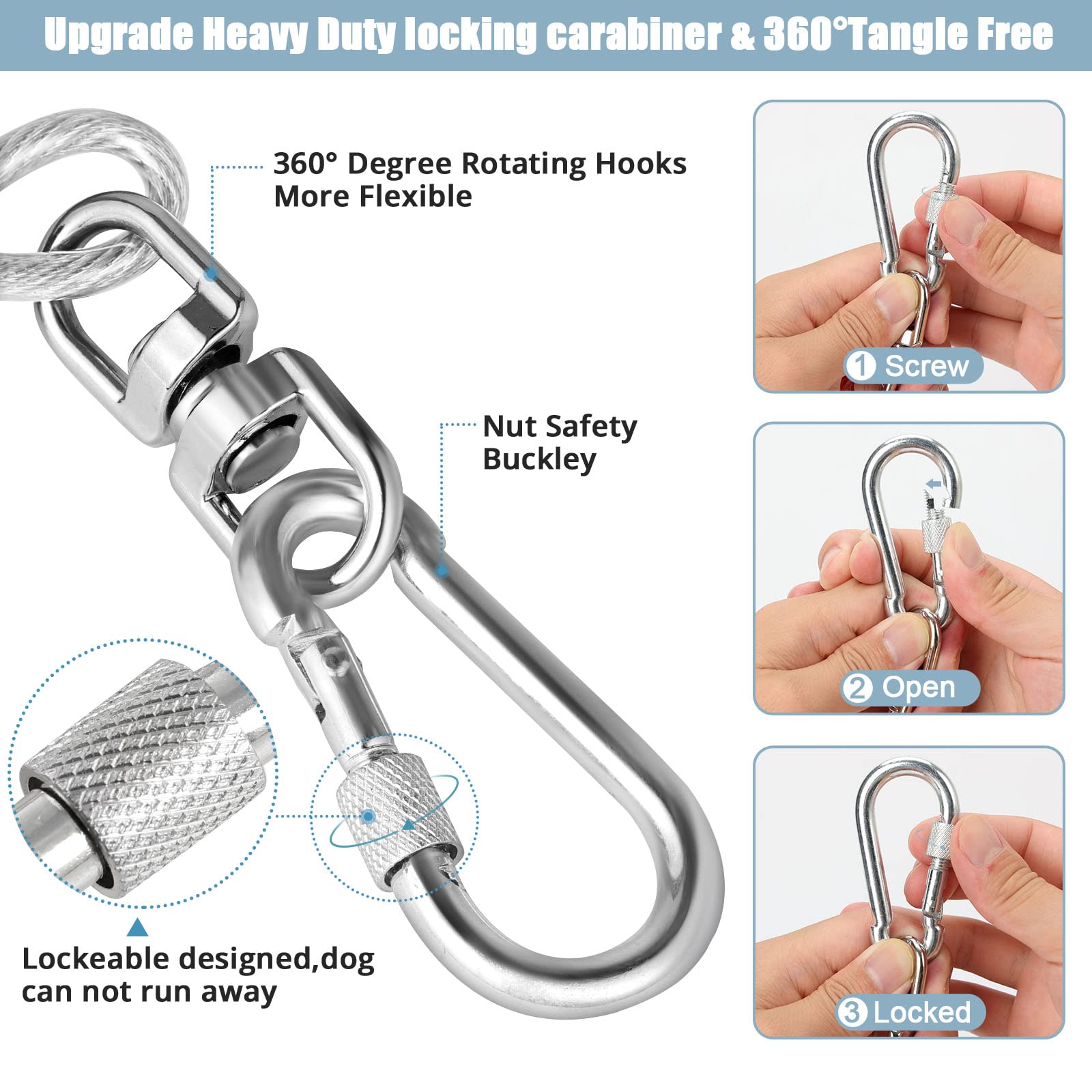 Jenico Dog Tie Out Cable - 10/15/20/30/40/50/70/100/150FT Runner Cable with Swivel Hook and Shock Spring, Outdoor and Camping Do