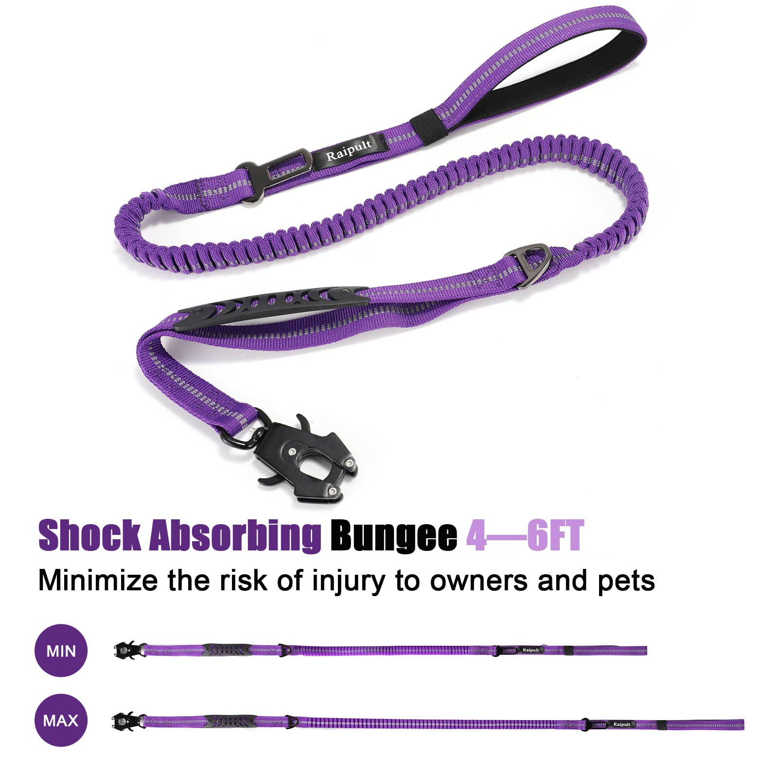 Raipult Shock Absorbing Tactical Dog Leash, 4-6Ft Heavy Duty Bungee Leash, Anti-Pull Elastic Training Lead With Car Seatbelt & 2