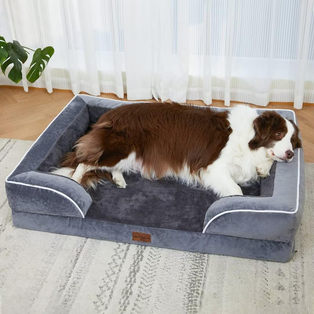 Comfort Expression Cooling Dog Bed For Large Dogs, Memory Foam Orthopedic Dog Bed, Waterproof Dog Beds, Washable Dog Bed With Removable Cover,Pet Bed Dog Sofa With Bolster(Large,Leaden Grey)