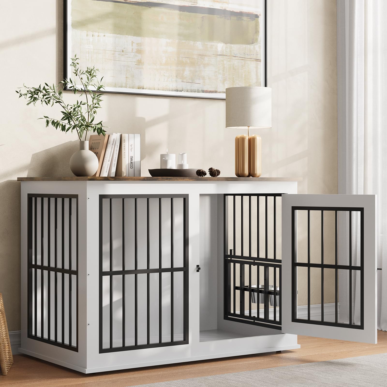 Dog Crate Furniture with Liftable Top, 40 White Wooden Dog Kennel End Table, Heavy Duty Pet Cage for Large Medium Dogs, 200lb Ca