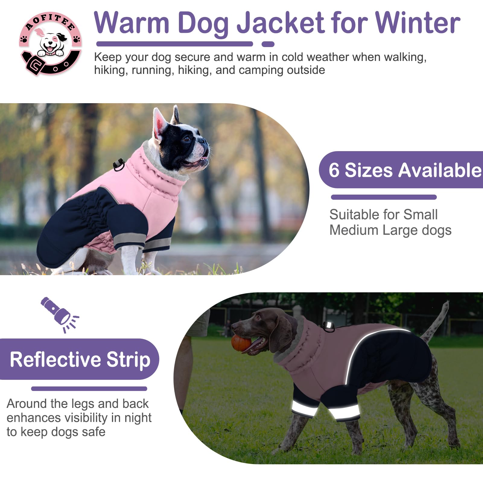 AOFITEE Dog Warm Fleece Turtleneck Coat, Windproof Waterproof Winter Jacket with Harness, Pink Navy Blue, Large