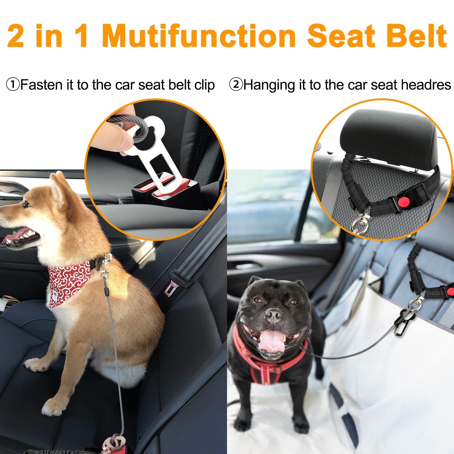 Chzuober Chew Proof Dog Car Seat Belt, 2 In 1 Steel Cable Dog Car Accessories Headrest Restraint Dog Seat Belt For Medium Large Dogs Chewer Heavy Duty Dog Seatbelt For Cars Swivel Attach