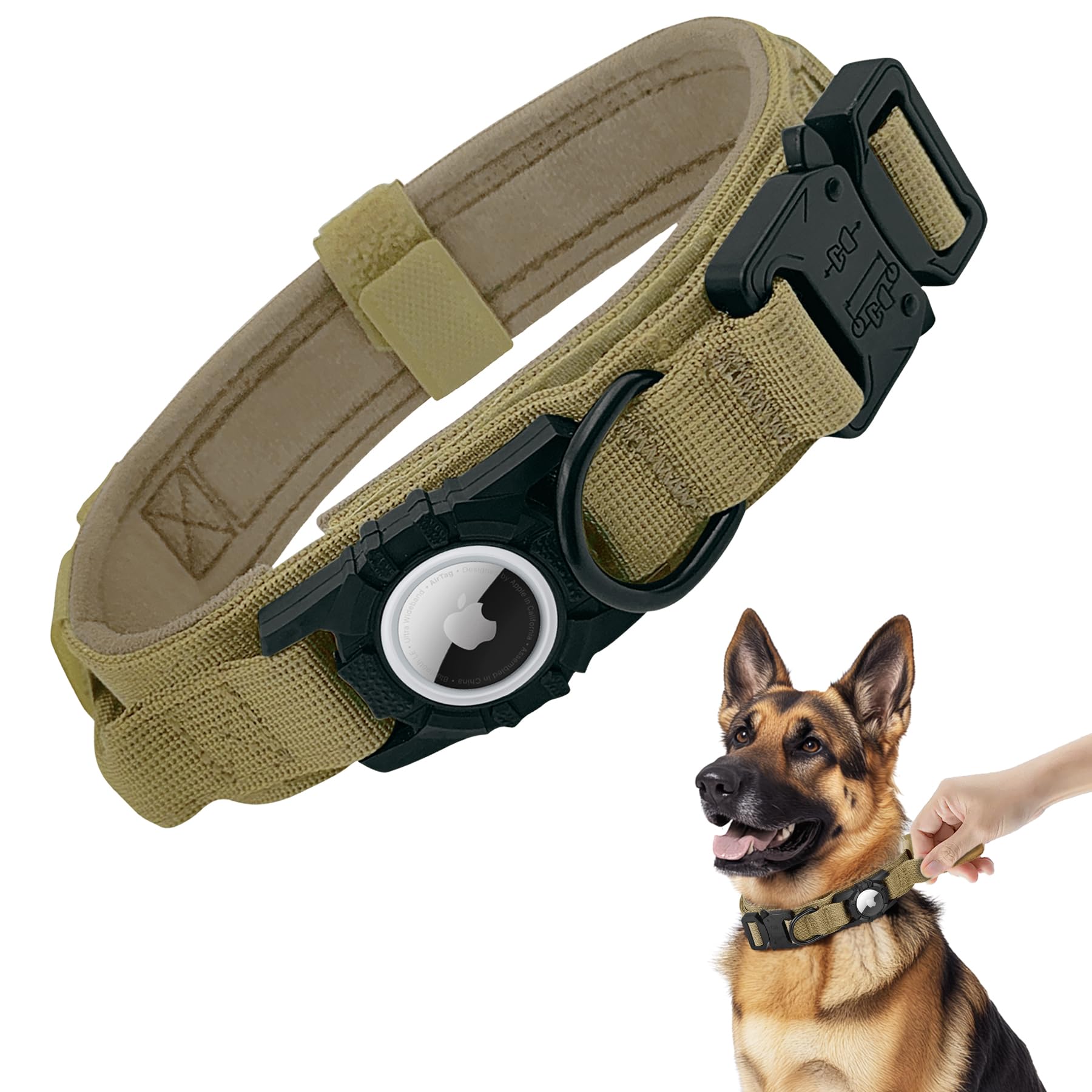Tactical Airtag Dog Collar - Heavy Duty, Adjustable Gps Collar Compatible With Apple Airtag, With Holder & Control Handle For Me
