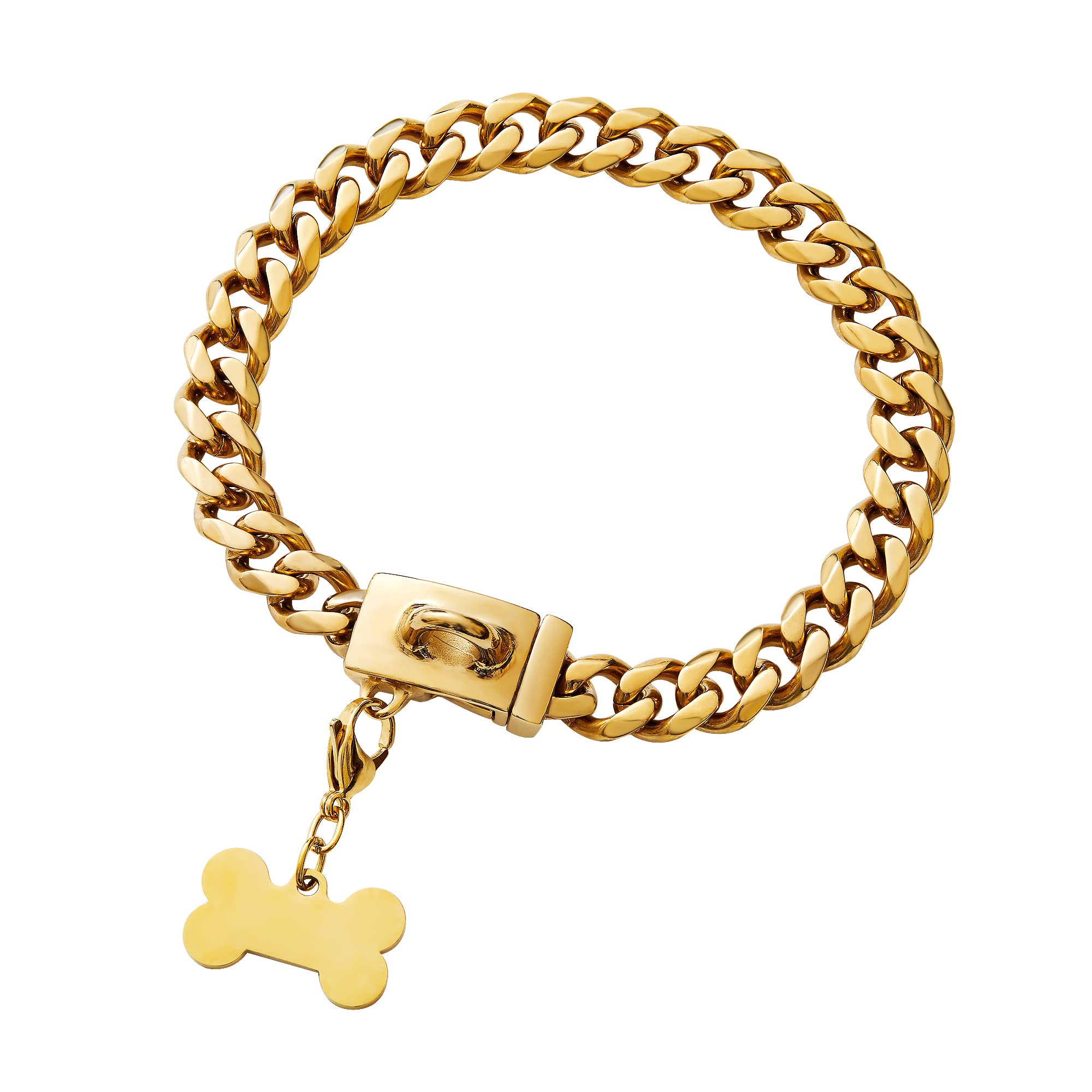 Stainless Steel Buckle Dog Collar, Cool Charm Pet Bulldog Jewelry Necklace, Waterproof Rose Gold Black Silver Anti-Chew Curb Cuban Dog Collar 16 Inch