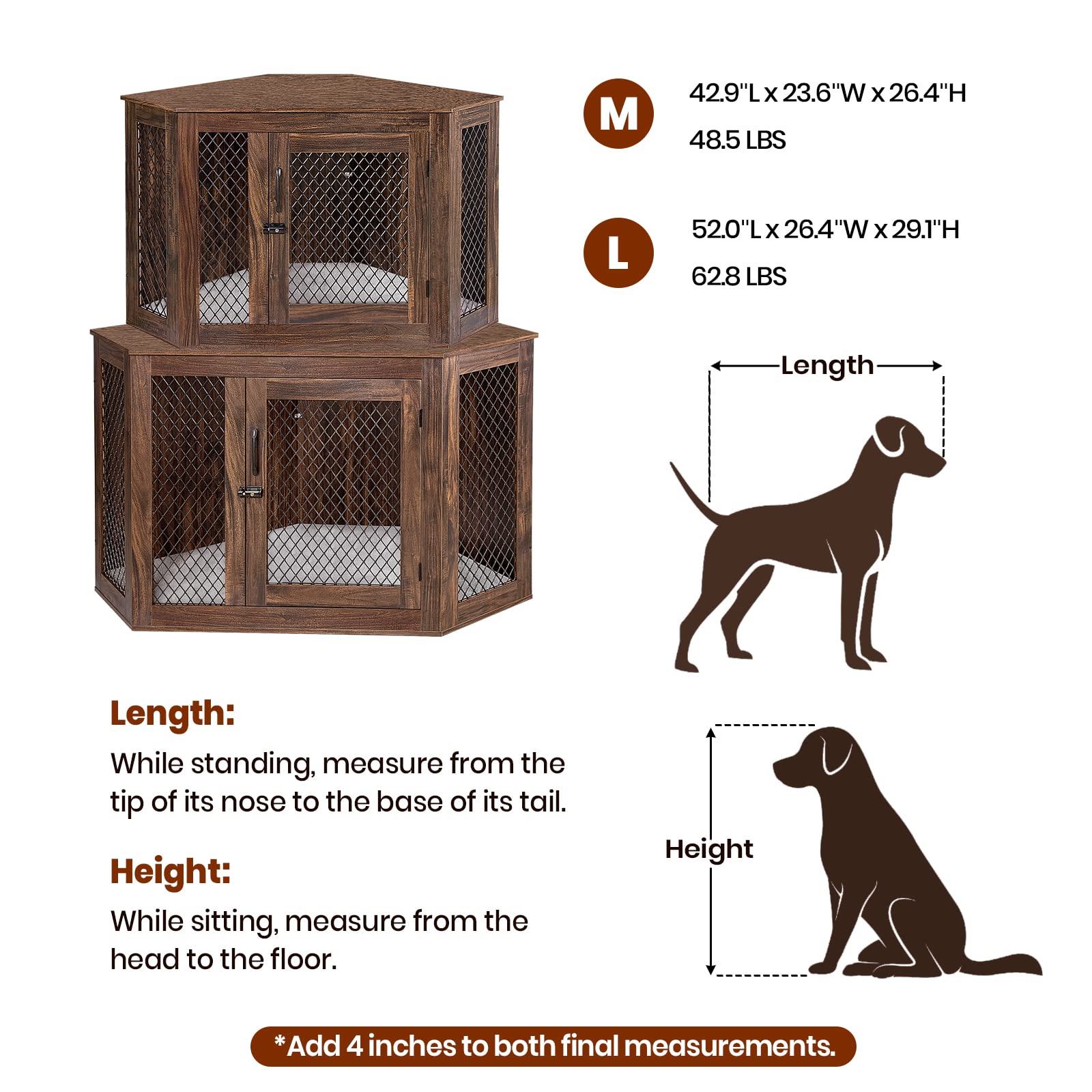 Polar Aurora Corner Dog Crate, Wood Dog Kennel Furniture 44 Dog Cage End Table with Cushion for Indoor use,Wood Pet House Dog