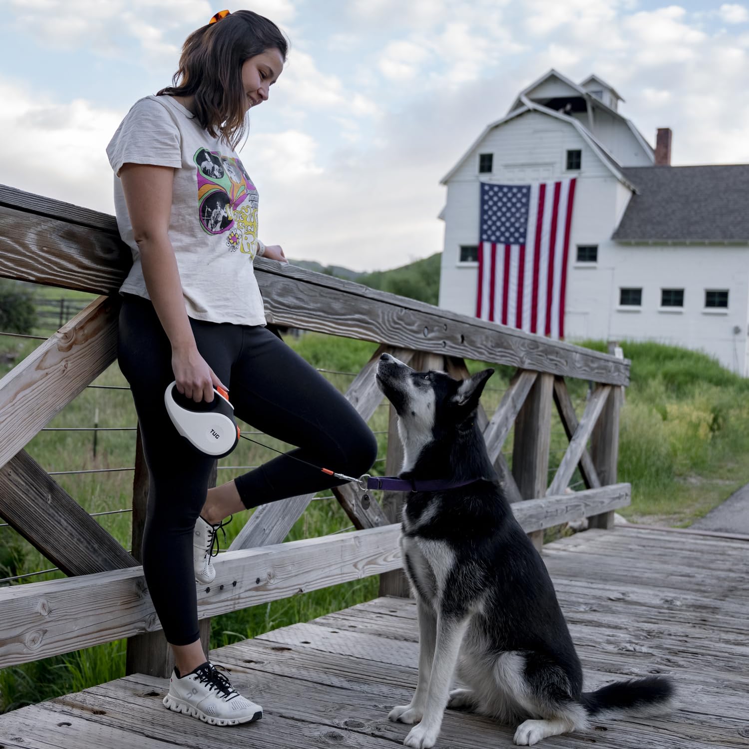 Tug 360?Tangle-Free Retractable Dog Leash With Anti-Slip Handle | 16 Ft Strong Nylon Tape | One-Handed Brake, Pause, Lock (Large, White/Orange)