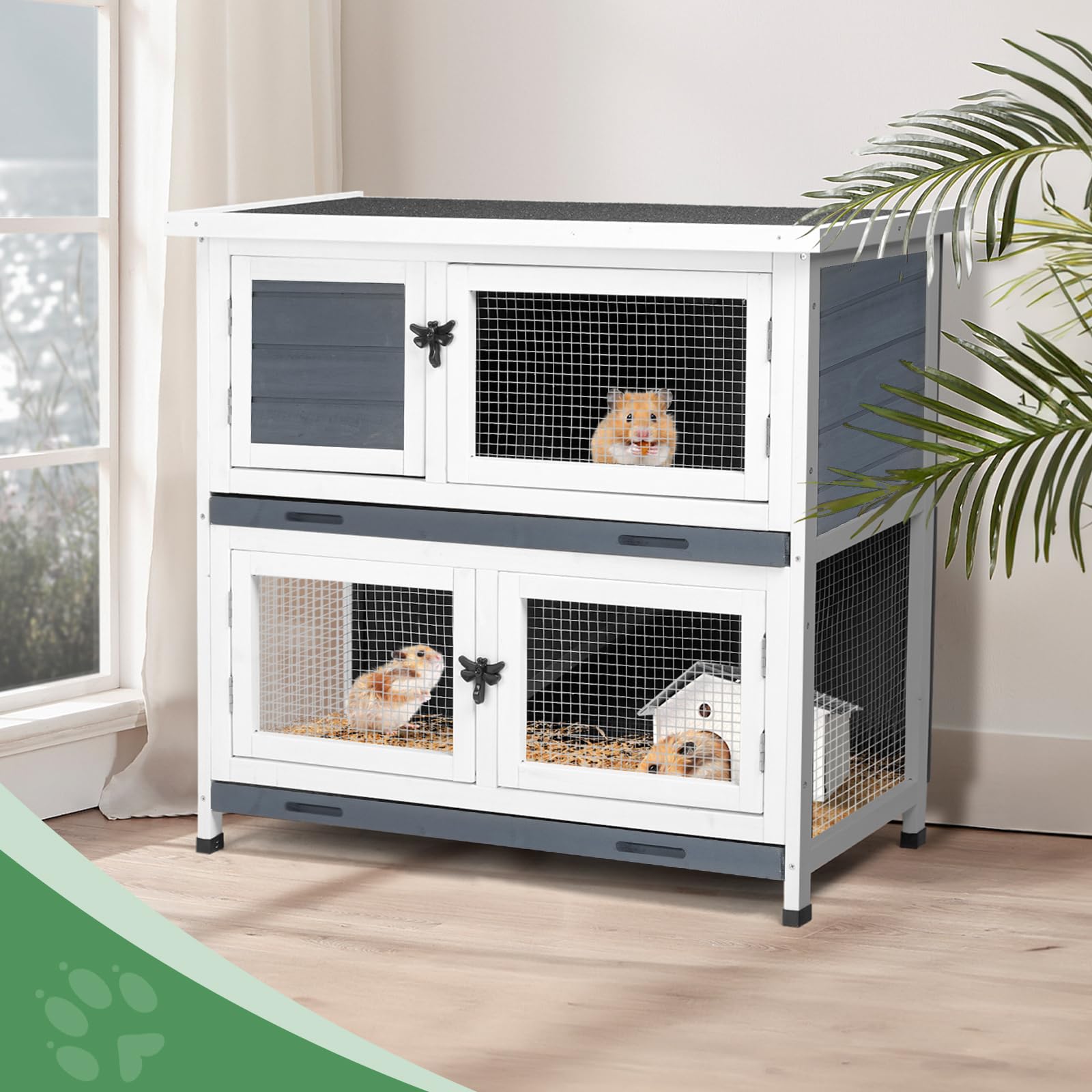 2 Story Solid Wood Rabbit/Bunny Hutch With 2 Large Main Rooms, Indoor Outdoor Rabbit House Guinea Pig Cage Pet House For Small A